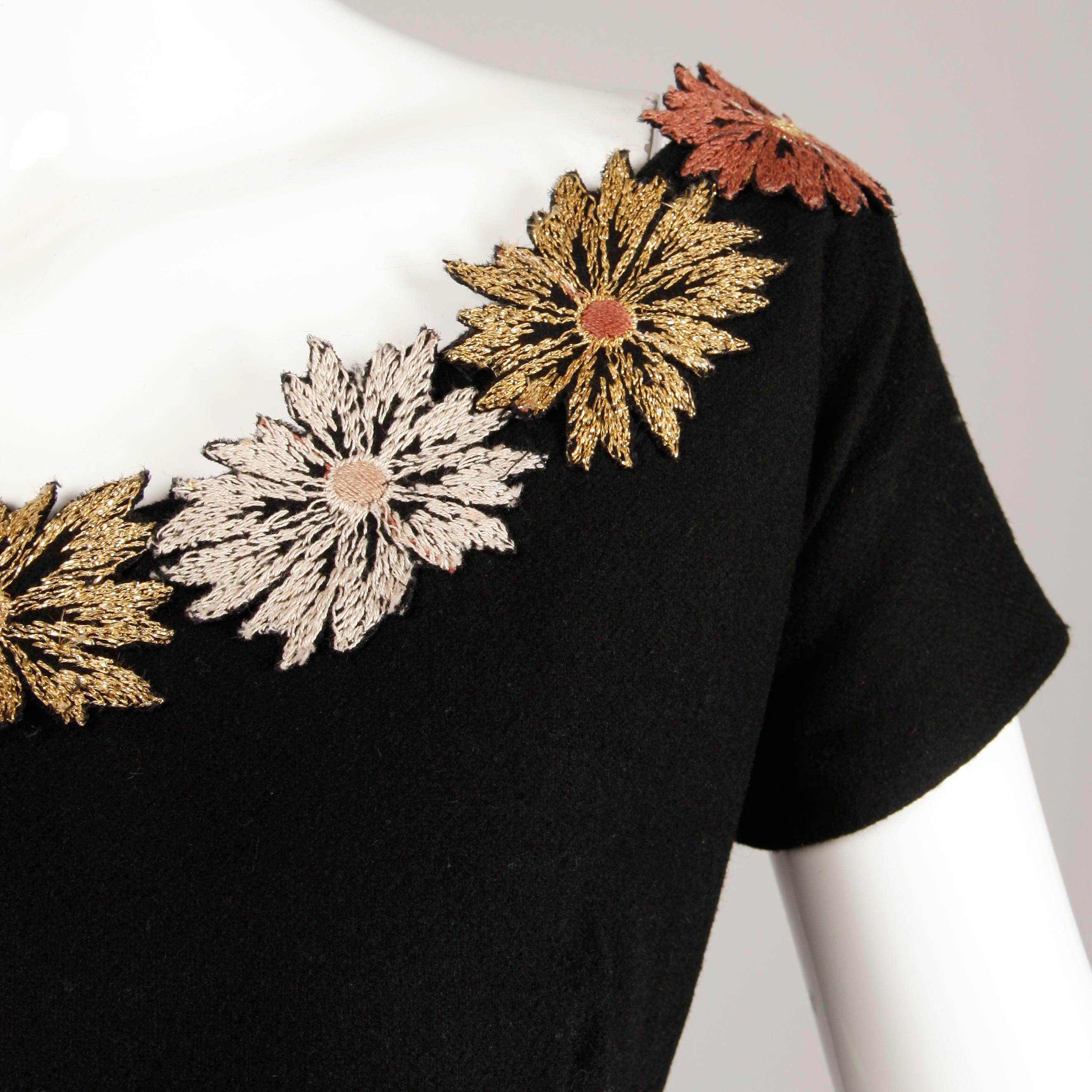 Black 1950s Vintage Wool Scoop Neck Cocktail Dress with Metallic Floral Embroidery For Sale