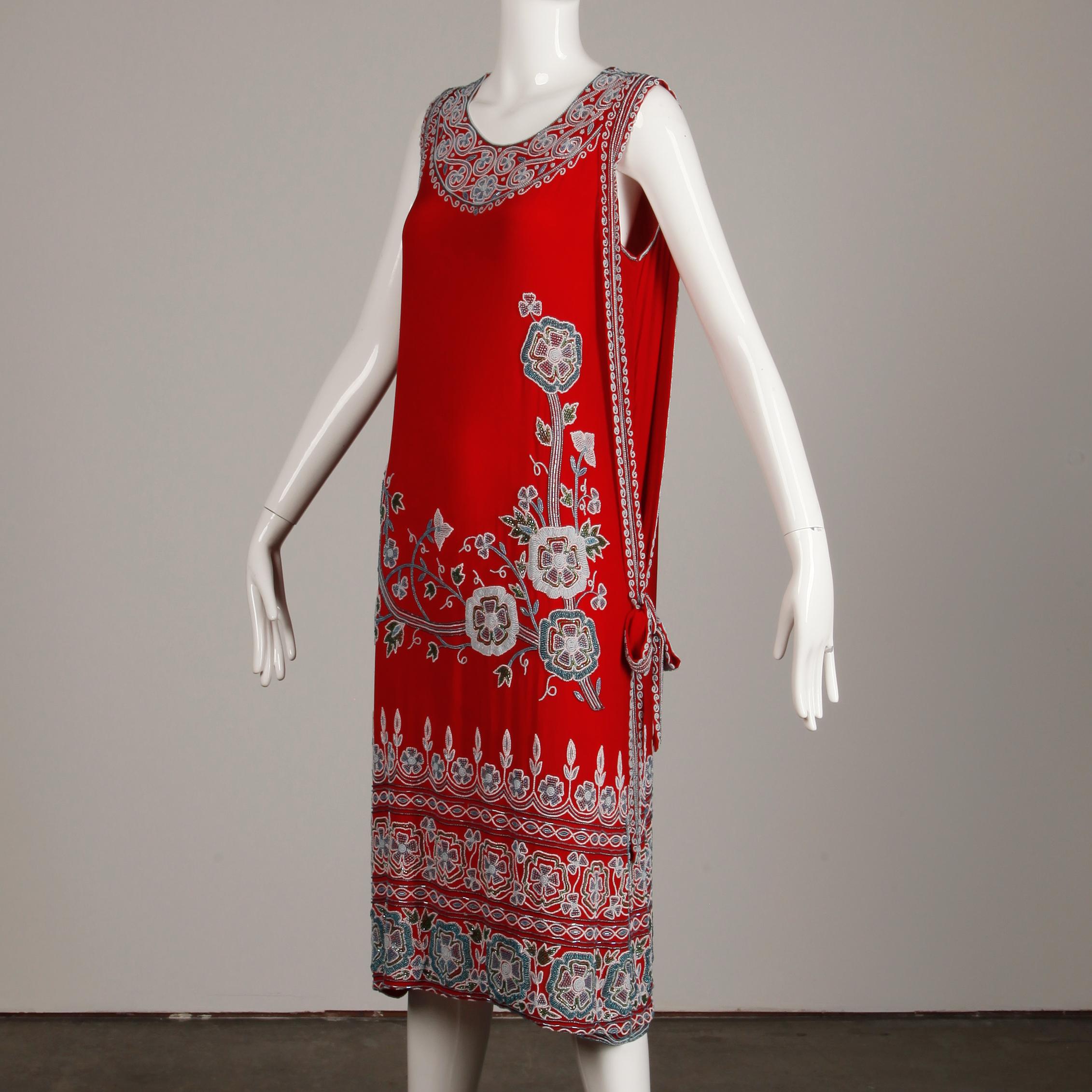 Women's 1920s Inspired Red Silk Art Deco Heavily Floral Beaded Flapper Dress, 1980s