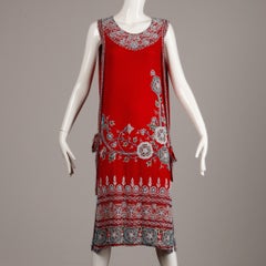 1920s Inspired Red Silk Art Deco Heavily Floral Beaded Flapper Dress, 1980s