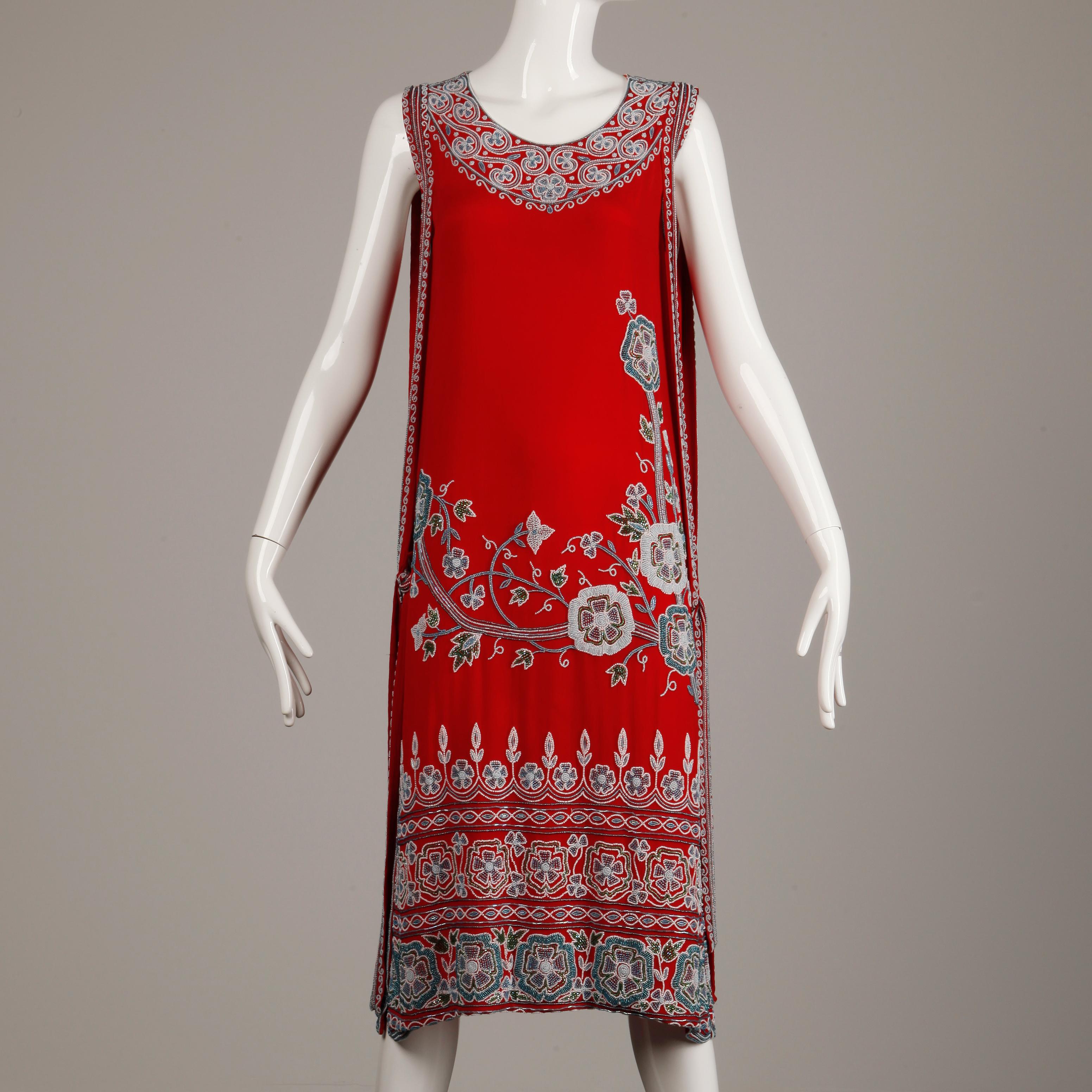 1920s Inspired Red Silk Art Deco Heavily Floral Beaded Flapper Dress, 1980s In Excellent Condition In Sparks, NV