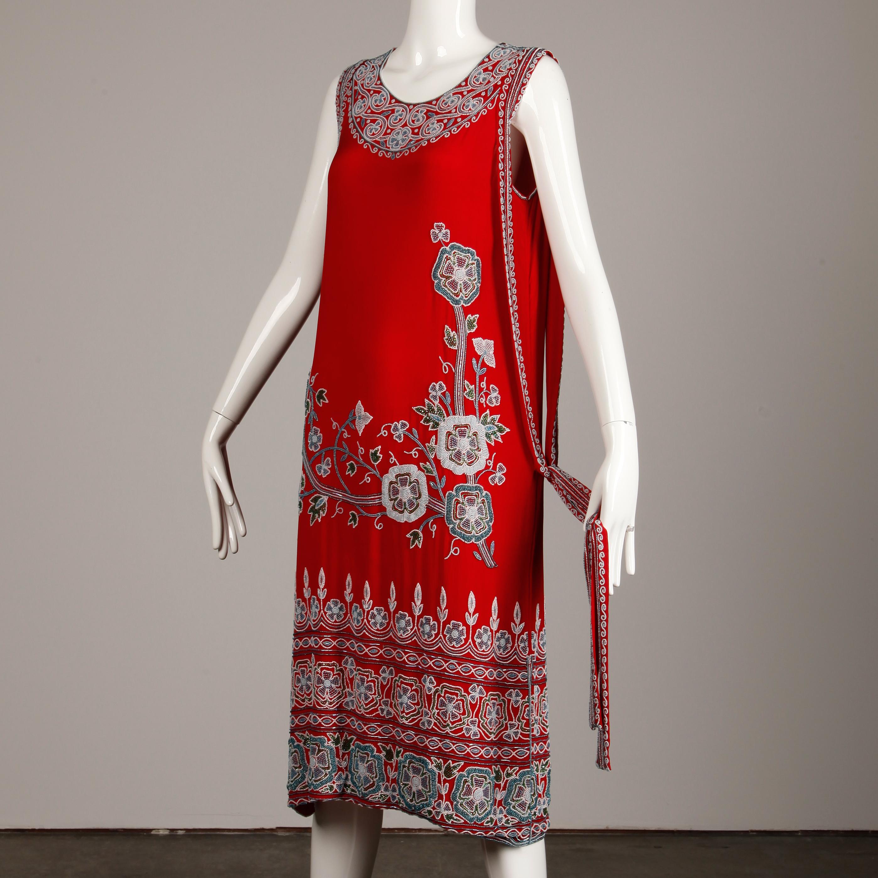 1920s Inspired Red Silk Art Deco Heavily Floral Beaded Flapper Dress, 1980s 1