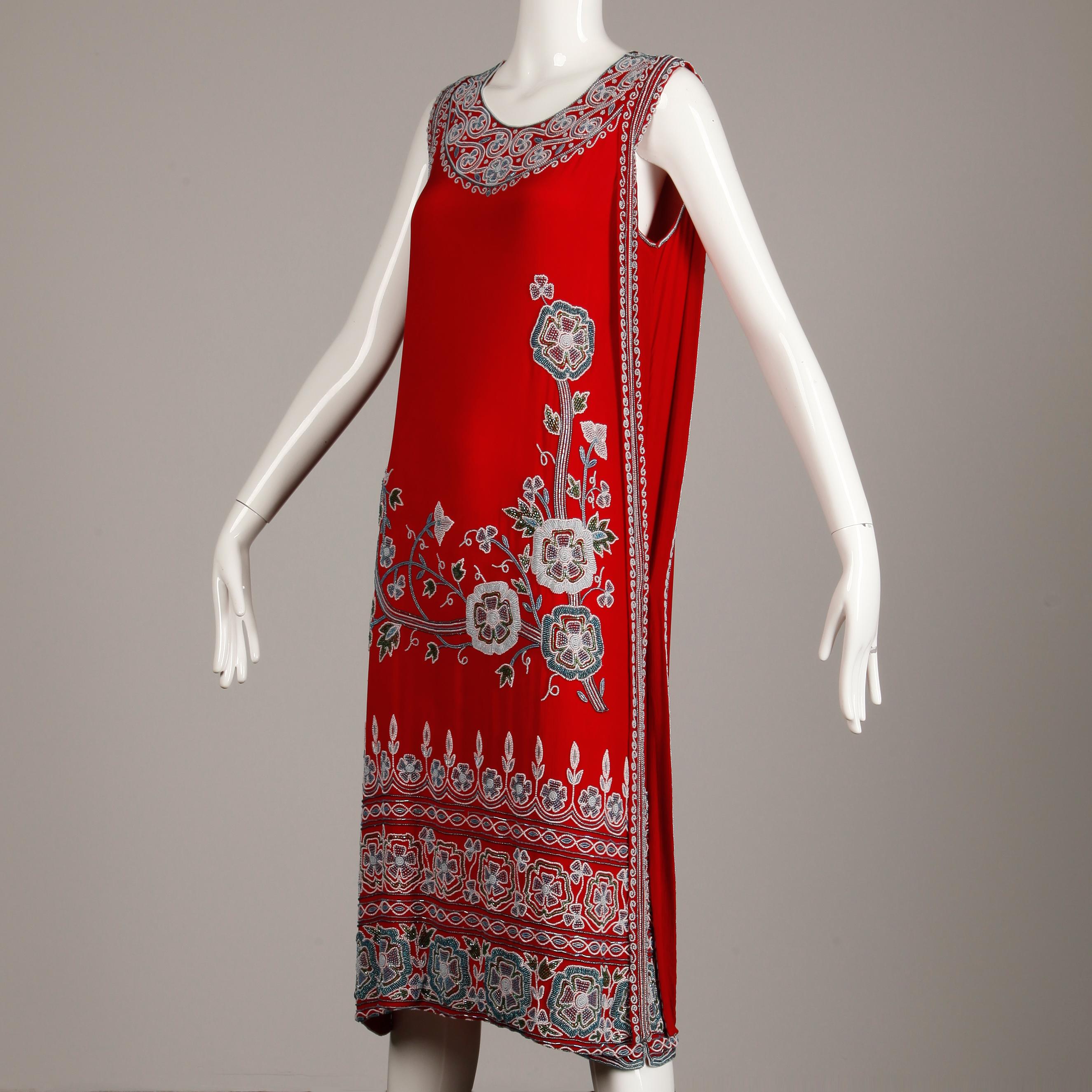 1920s Inspired Red Silk Art Deco Heavily Floral Beaded Flapper Dress, 1980s 2