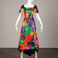 Arnold Scaasi Vintage Colorful Metallic Lamé Silk Evening Gown Dress, 1980s