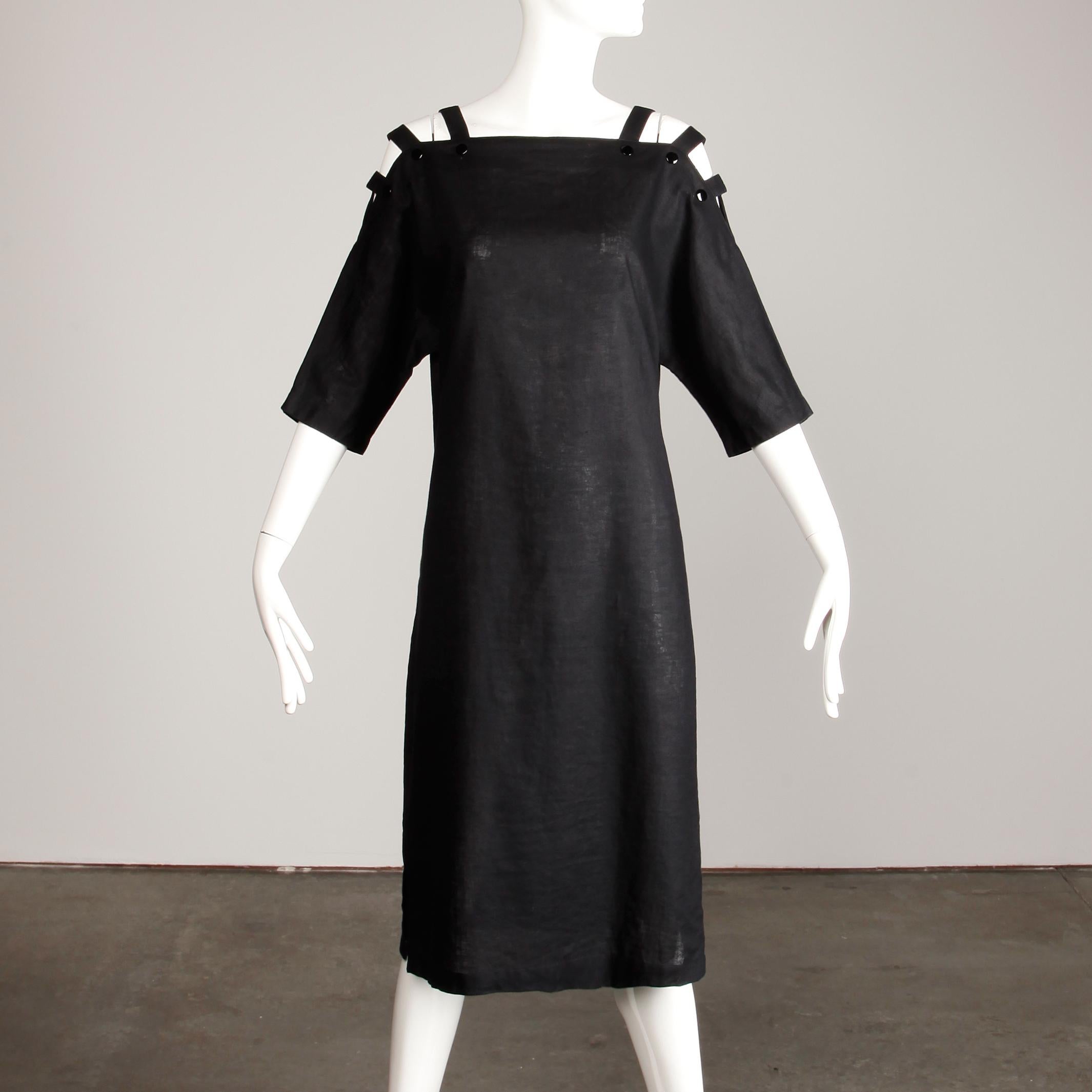 Women's Pierre Cardin Avant Garde Black Cut Out Cage Cold Shoulder Tunic Dress, 1980s  For Sale