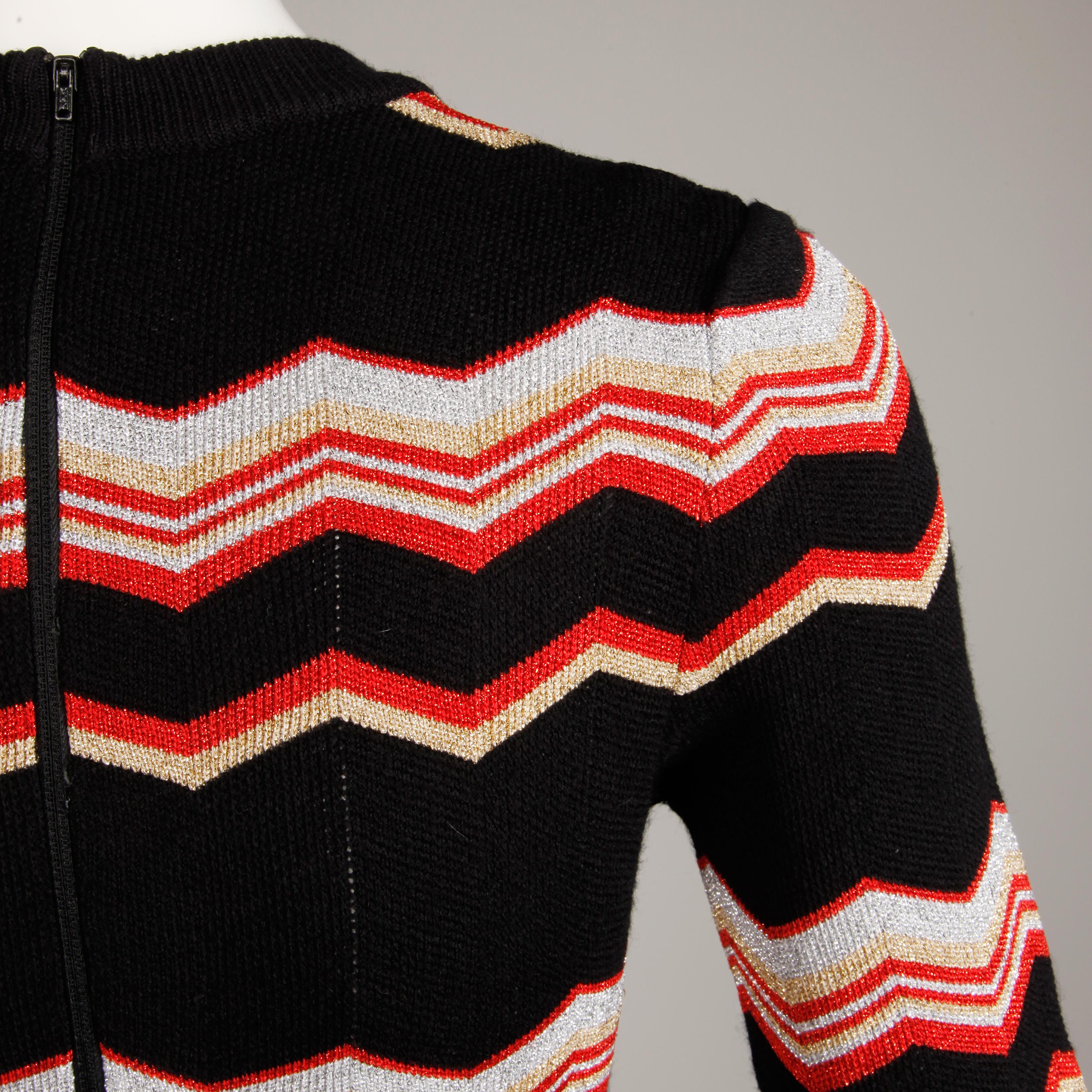 Black 1970s Aristo Kat Vintage Metallic Zig Zag Knit Maxi Dress with Long Sleeves For Sale