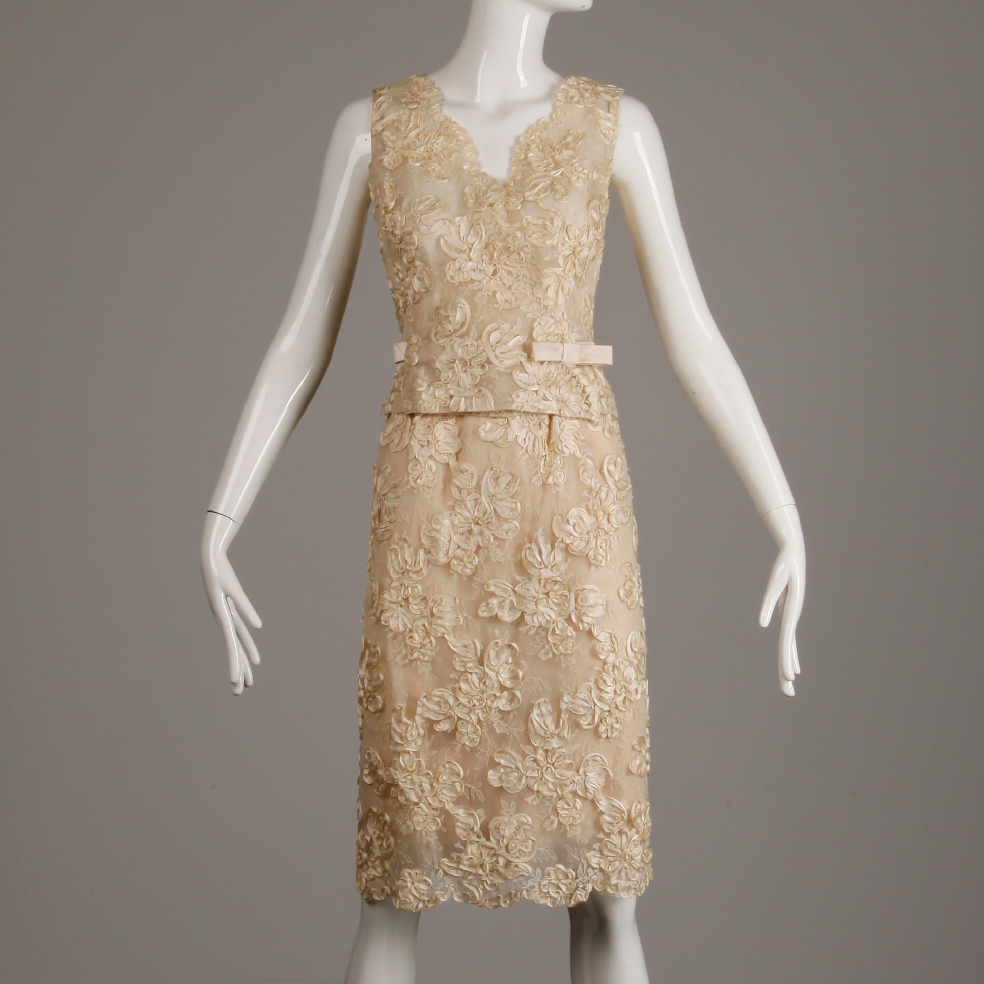 1960s Vintage Cream/ Off White Silk Soutache Lace Top/ Skirt Ensemble or Dress 1