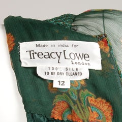 Treacy Lowe Vintage Green Silk Chiffon Indian Paisley Floral Print Dress, 1970s