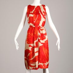 1963 B.H. Wragge Vintage Red Orange Beige Silk Midcentury Print Sheath Dress