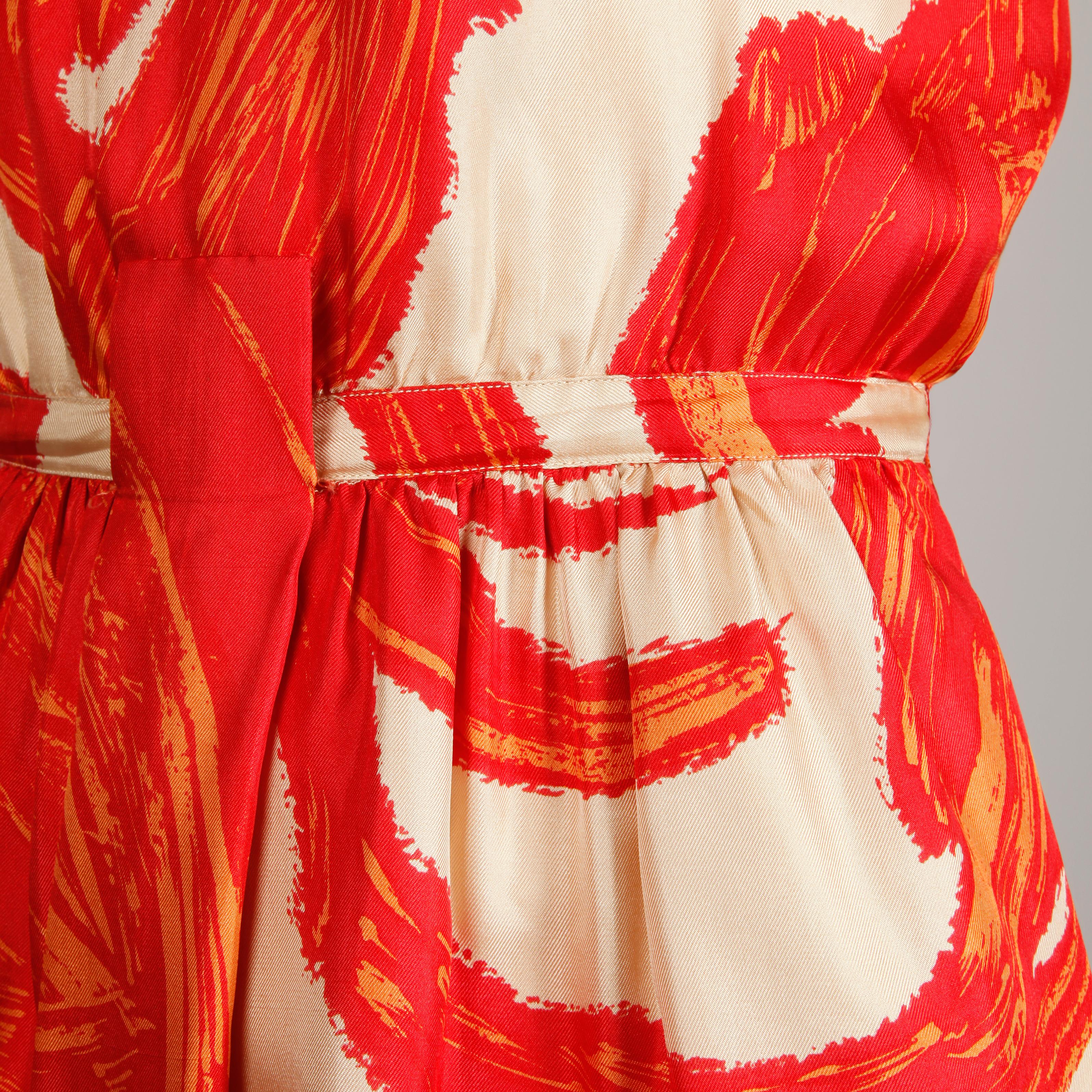 1963 B.H. Wragge Vintage Red Orange Beige Silk Midcentury Print Sheath Dress 1