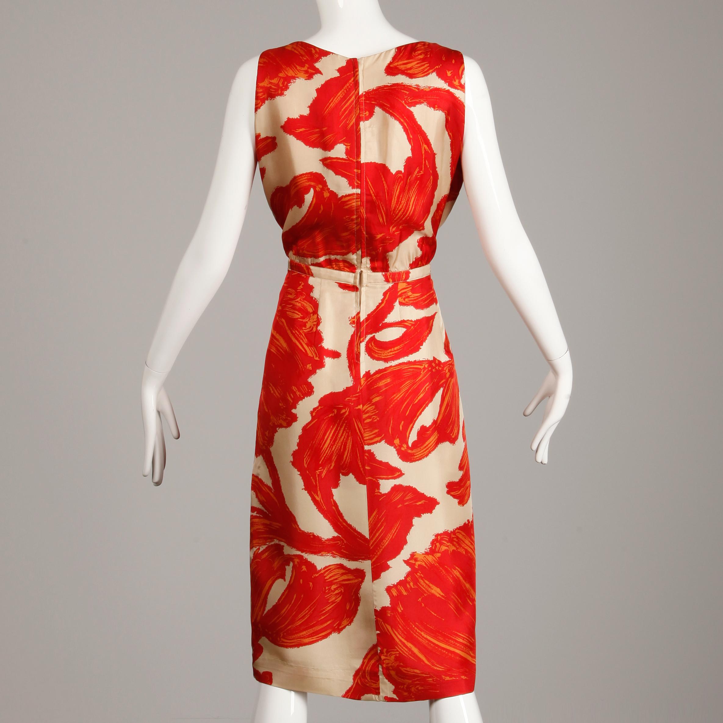 Women's 1963 B.H. Wragge Vintage Red Orange Beige Silk Midcentury Print Sheath Dress
