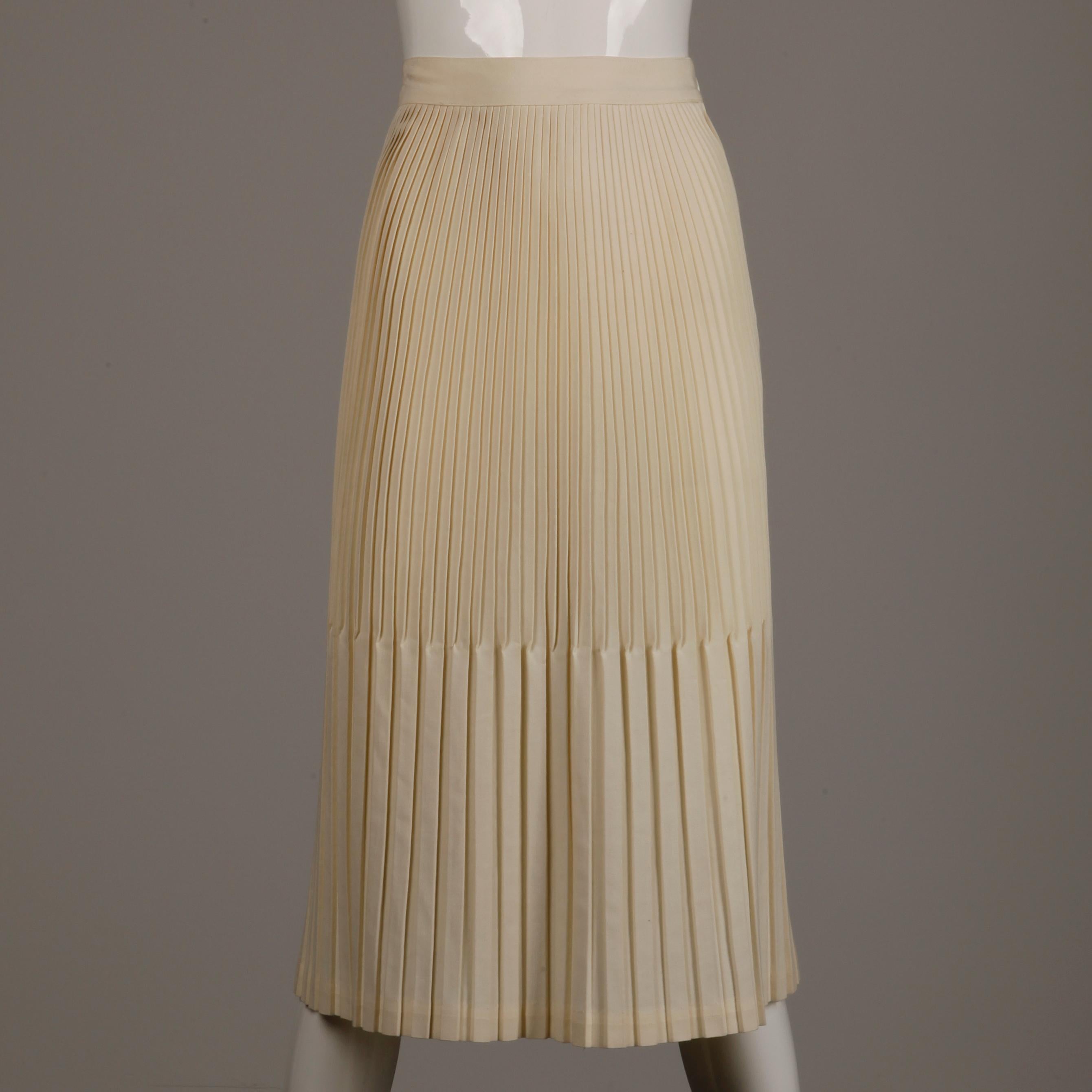 Brown 1940s Vintage Off White/ Cream Cotton Pleated High Waist Pencil Skirt