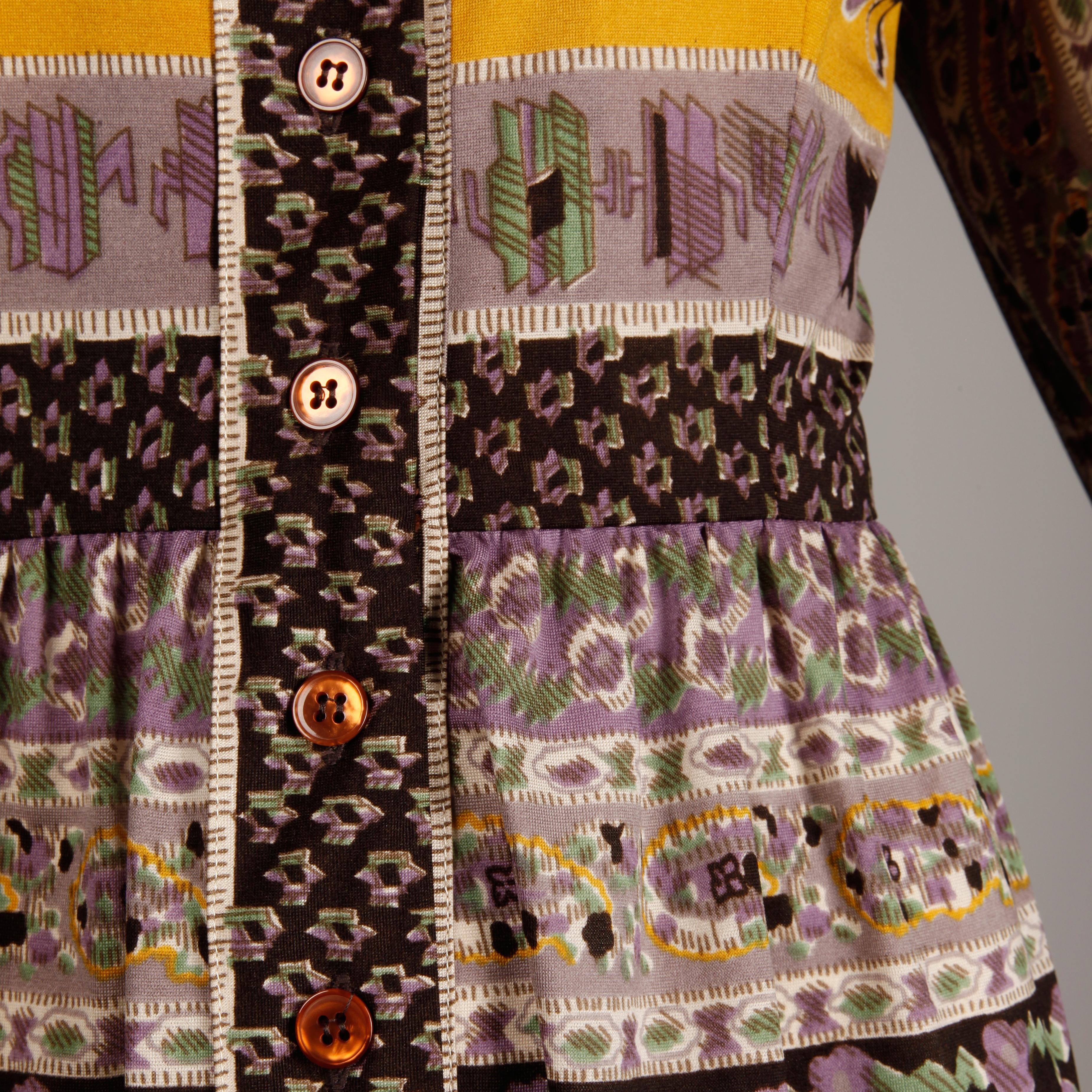 Brown Oscar de la Renta Vintage Silk Jersey Knit Shirt Dress with Scarf Print, 1960s 