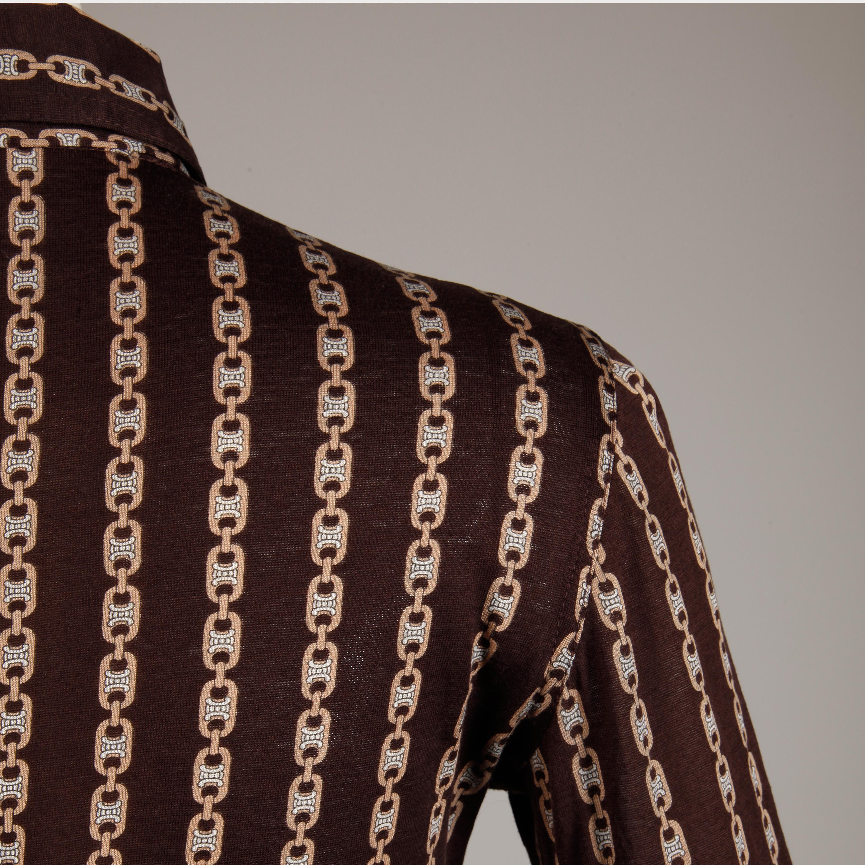 1970s Celine Paris Vintage Brown Horse Bit + Monogram Print Cotton Blouse Top In Excellent Condition In Sparks, NV