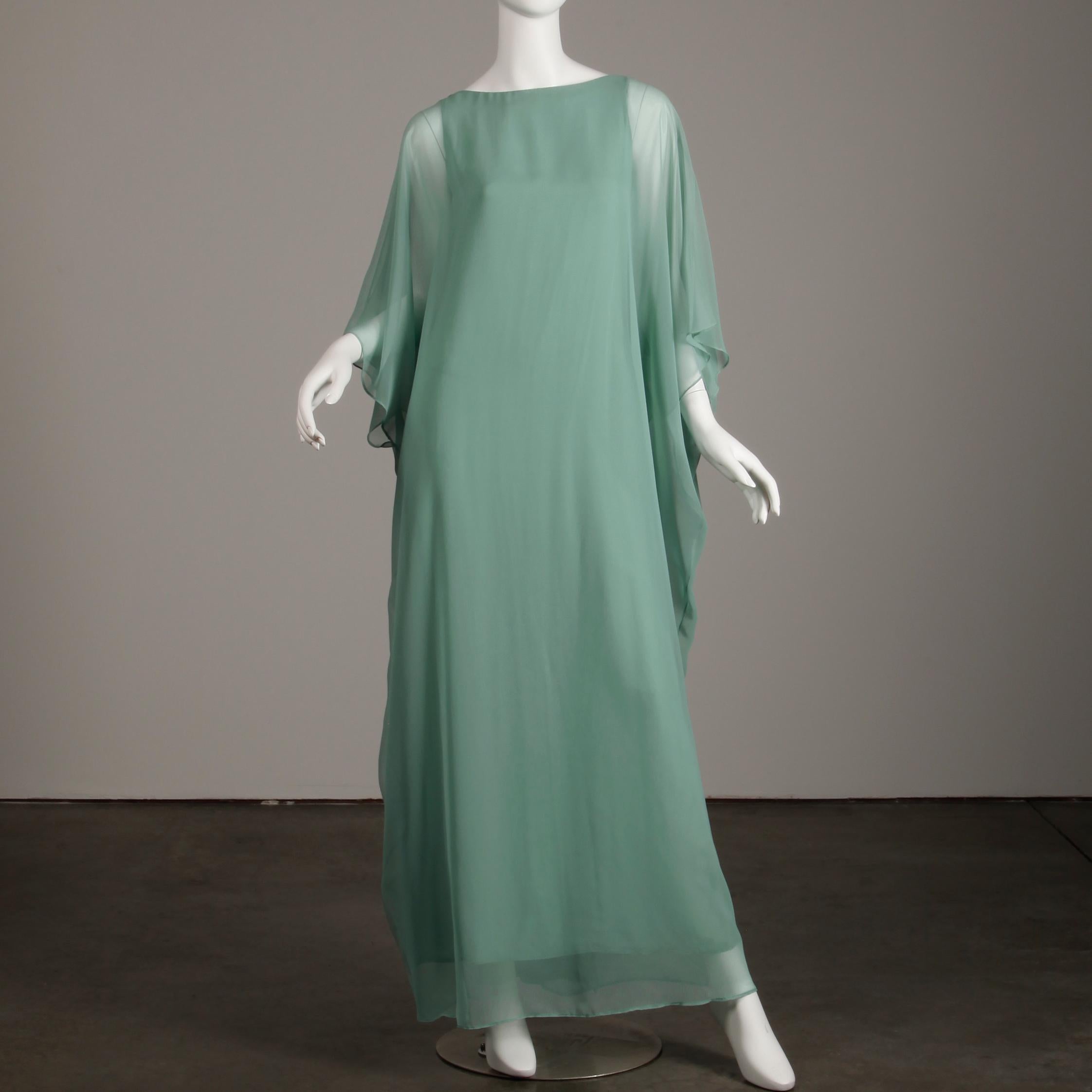 Albert Capraro Vintage Mint Sea Green Chiffon Caftan Maxi Dress or Gown, 1970s  1