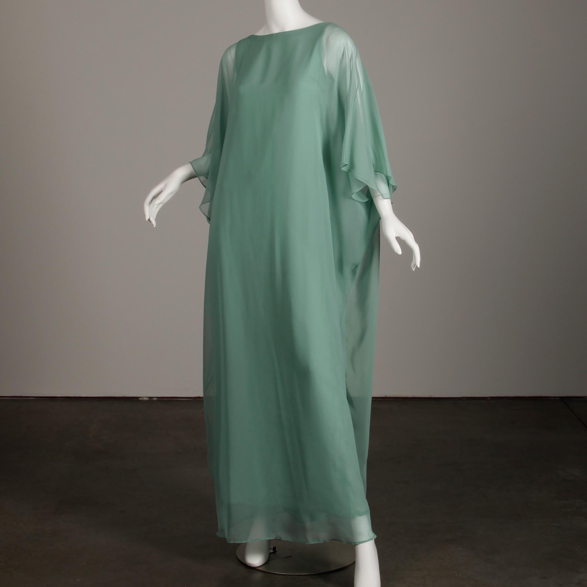 Women's Albert Capraro Vintage Mint Sea Green Chiffon Caftan Maxi Dress or Gown, 1970s 