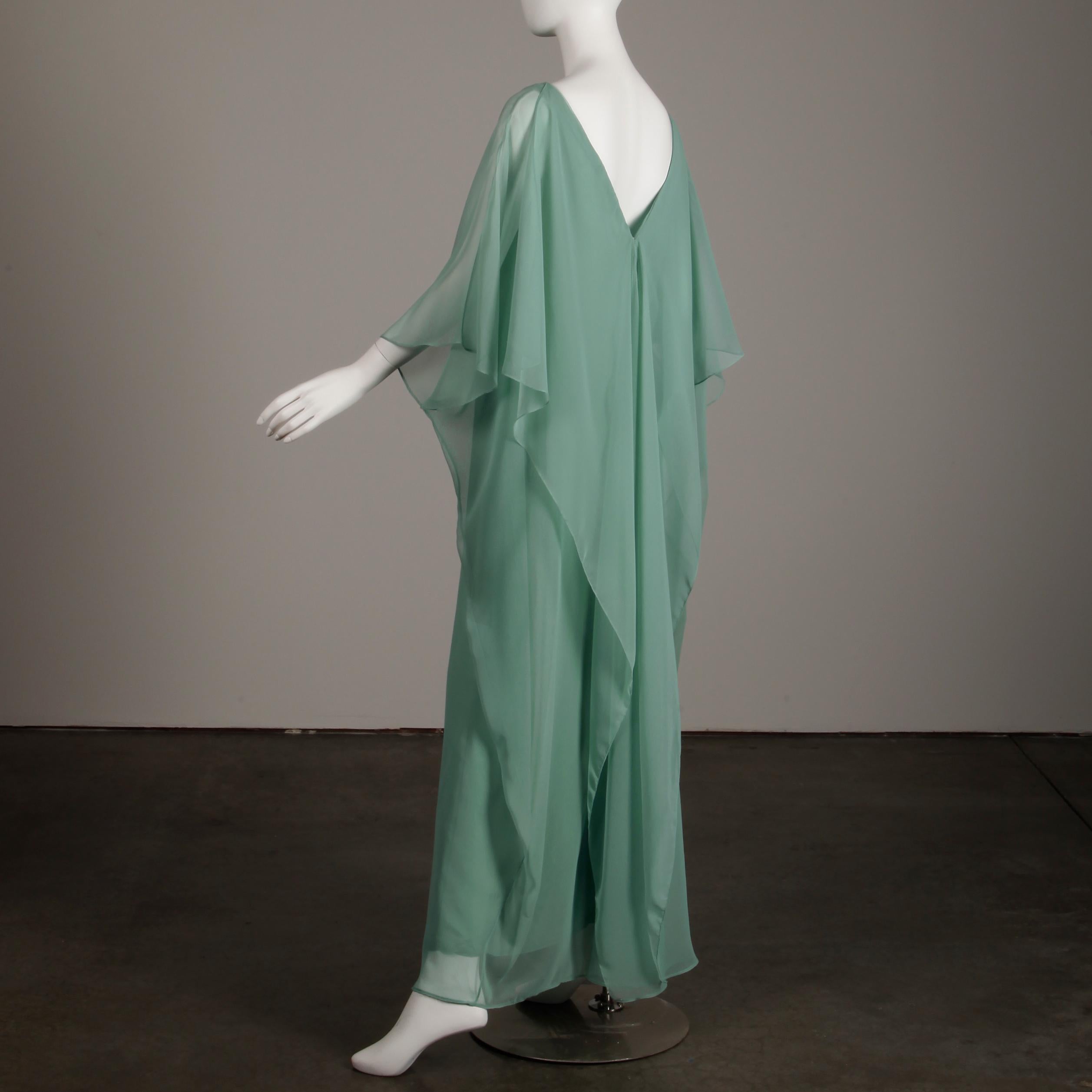 Gray Albert Capraro Vintage Mint Sea Green Chiffon Caftan Maxi Dress or Gown, 1970s 