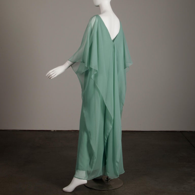 Albert Capraro Vintage Mint Sea Green Chiffon Caftan Maxi Dress or Gown ...