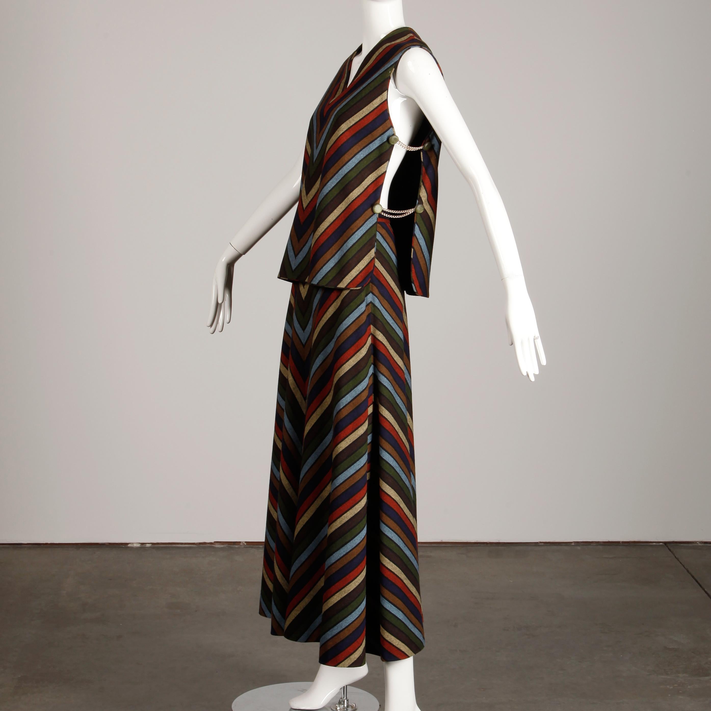 Wool Chevron Striped Metal Chain Vest Top Maxi Skirt 2-Piece Ensemble, 1970s  In Excellent Condition For Sale In Sparks, NV