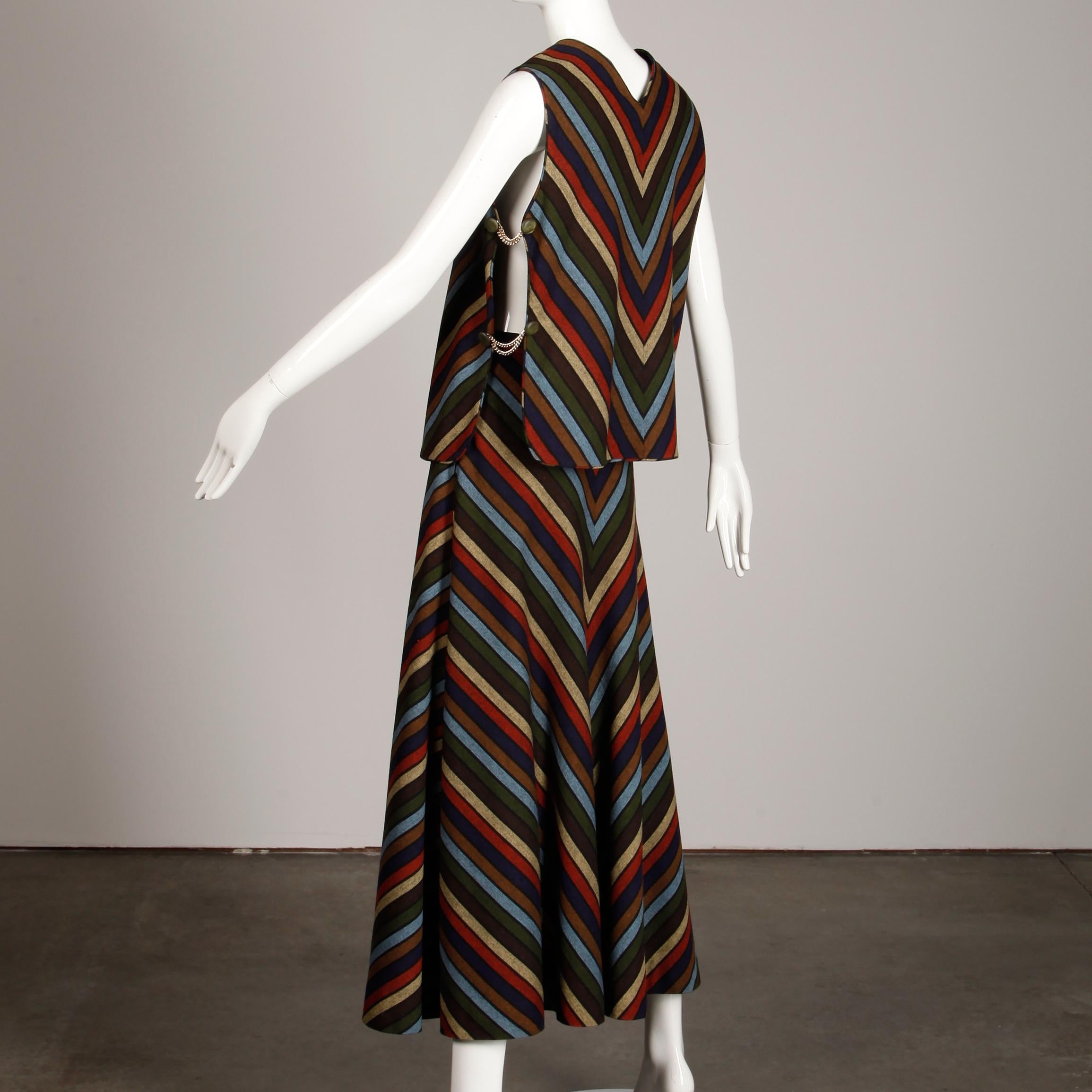 Wool Chevron Striped Metal Chain Vest Top Maxi Skirt 2-Piece Ensemble, 1970s  For Sale 1