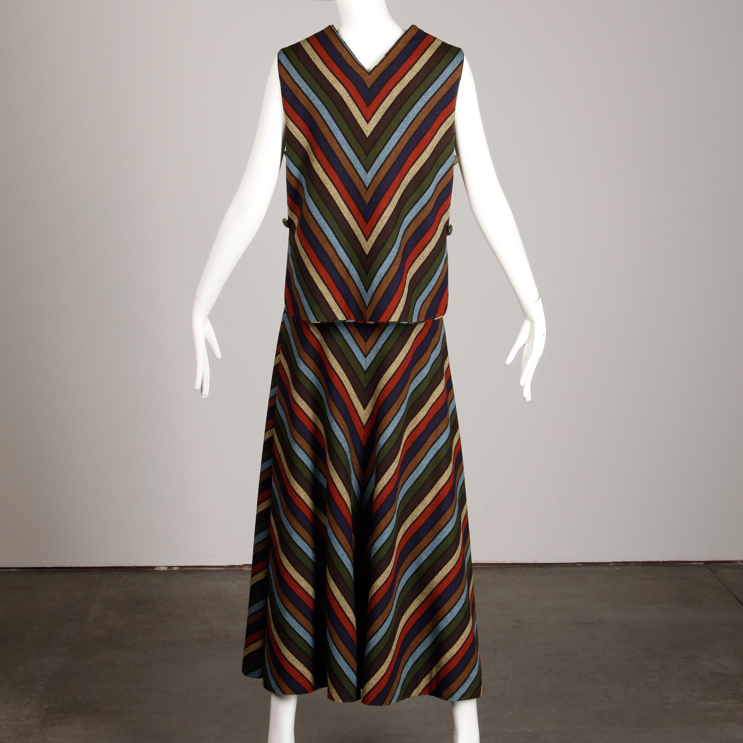 Women's Wool Chevron Striped Metal Chain Vest Top Maxi Skirt 2-Piece Ensemble, 1970s  For Sale