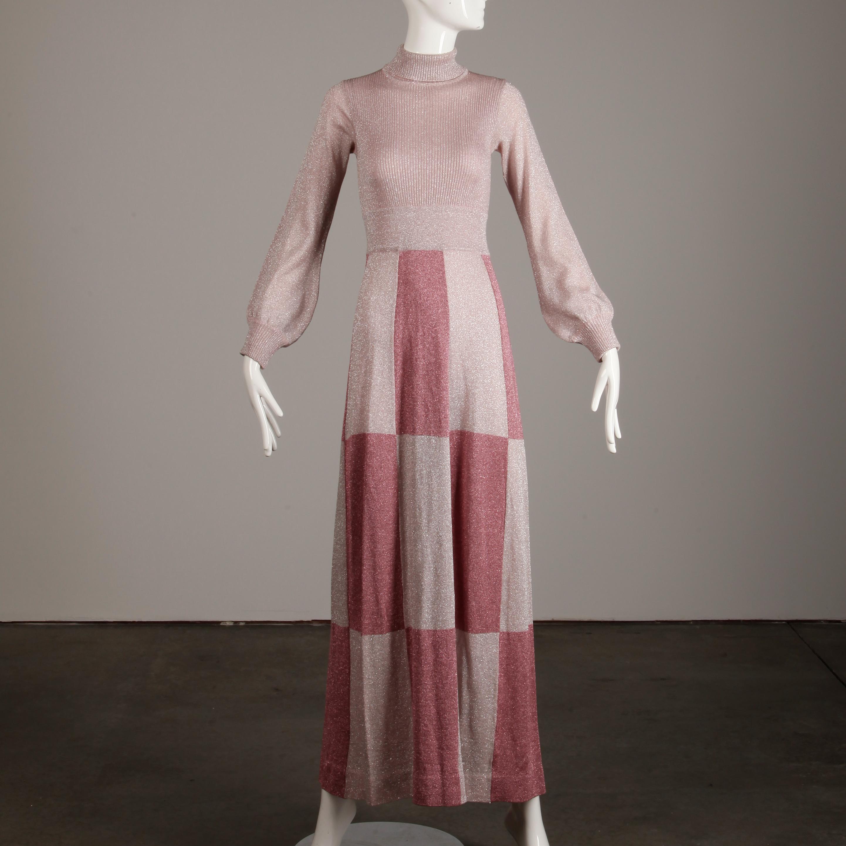 Brown 1970s Wenjilli Vintage Metallic Pink Knit Maxi Dress
