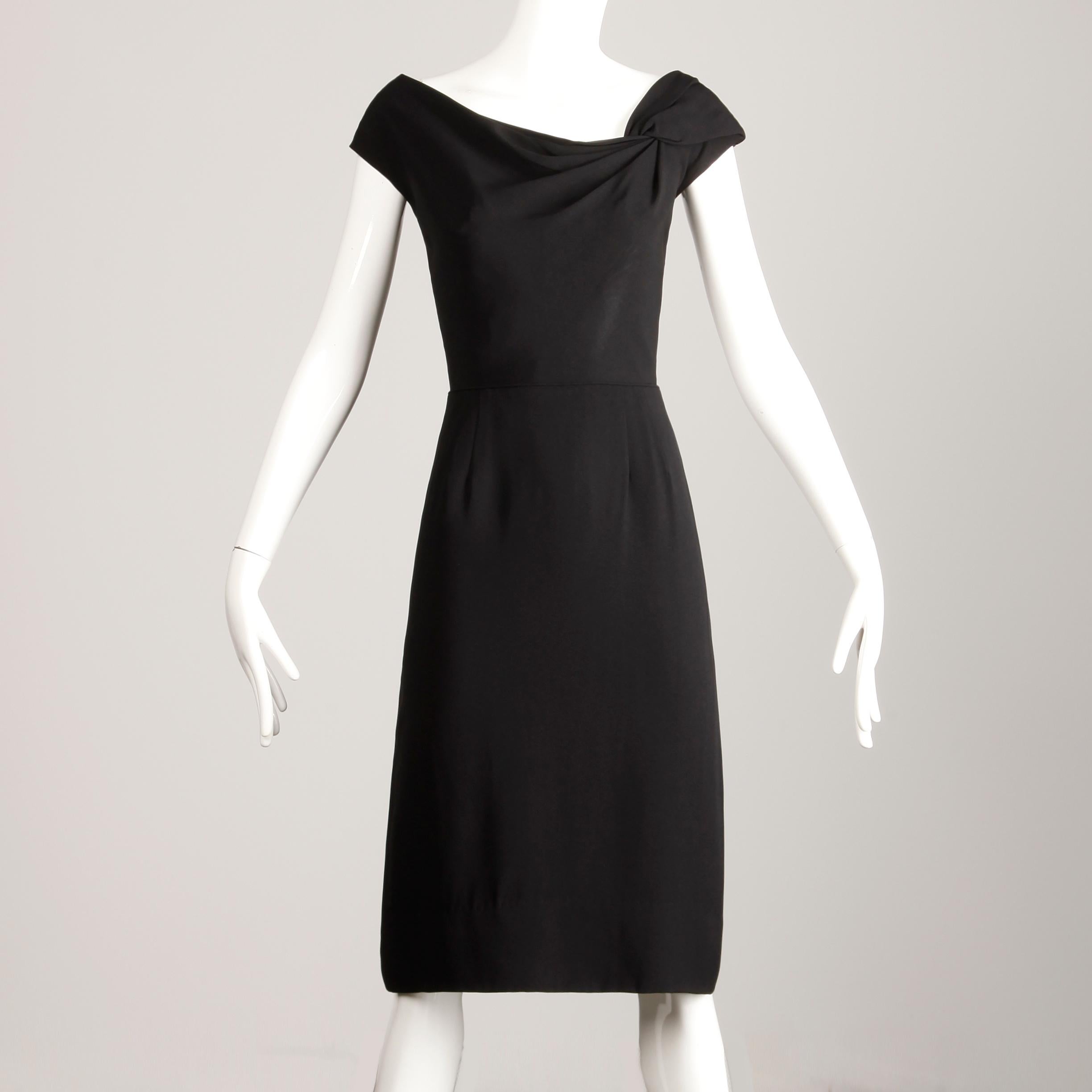 1950s Dorothy O'Hara Vintage Black Asymmetric Cocktail Sheath Dress  For Sale 1