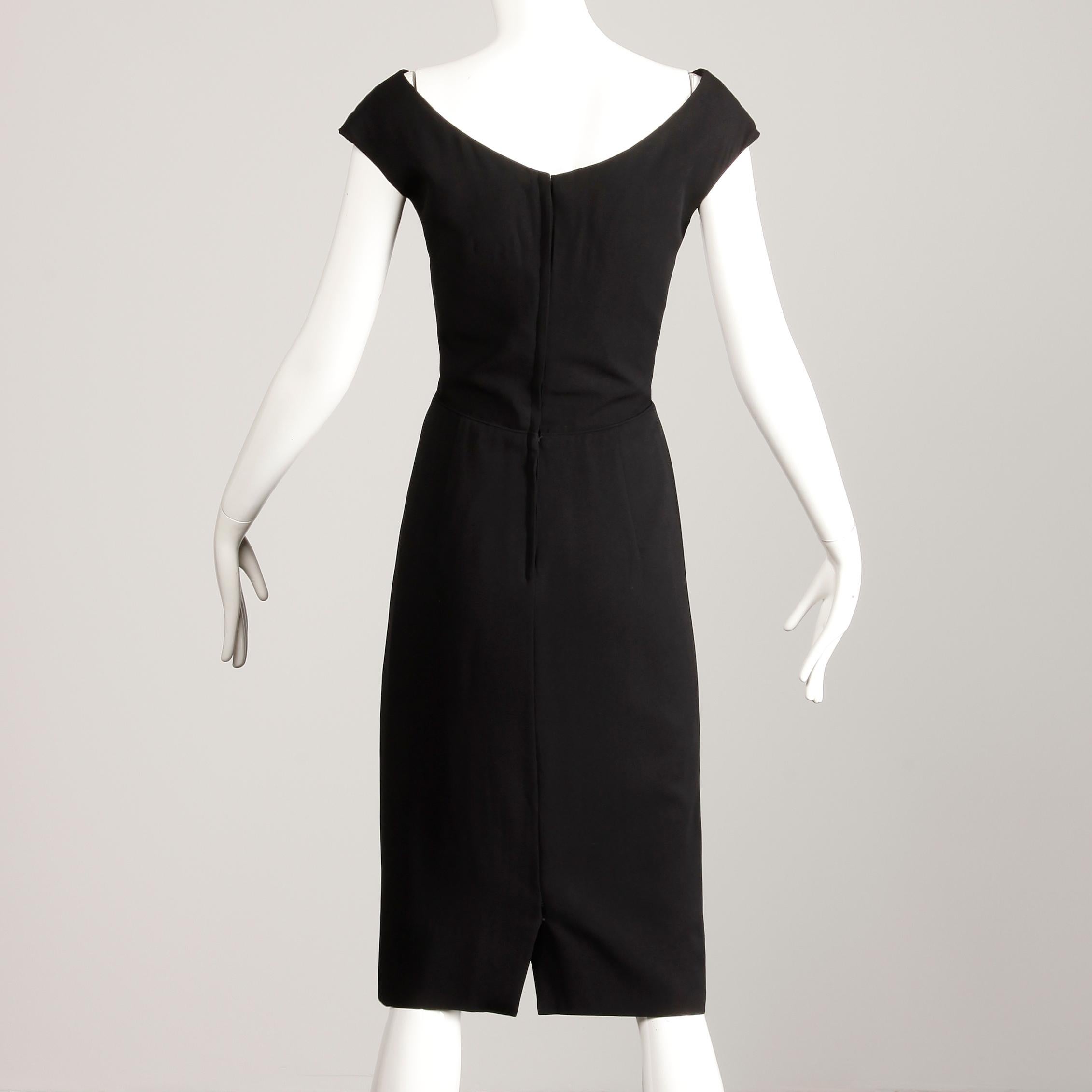 1950s Dorothy O'Hara Vintage Black Asymmetric Cocktail Sheath Dress  In Excellent Condition For Sale In Sparks, NV