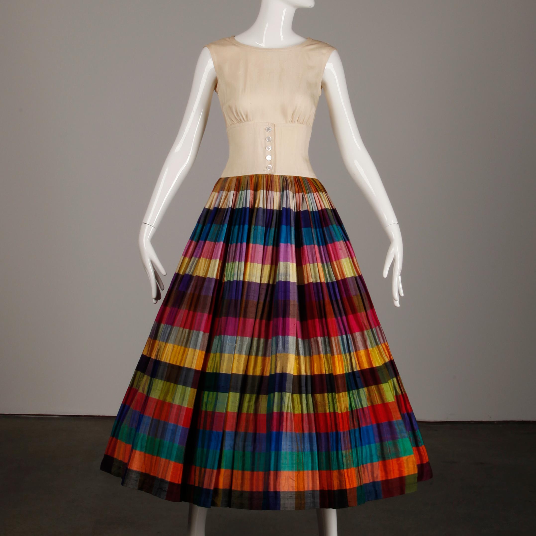 Women's Nina Ricci Vintage Silk Pleated Striped Dress with a Full Sweep, 1950s 