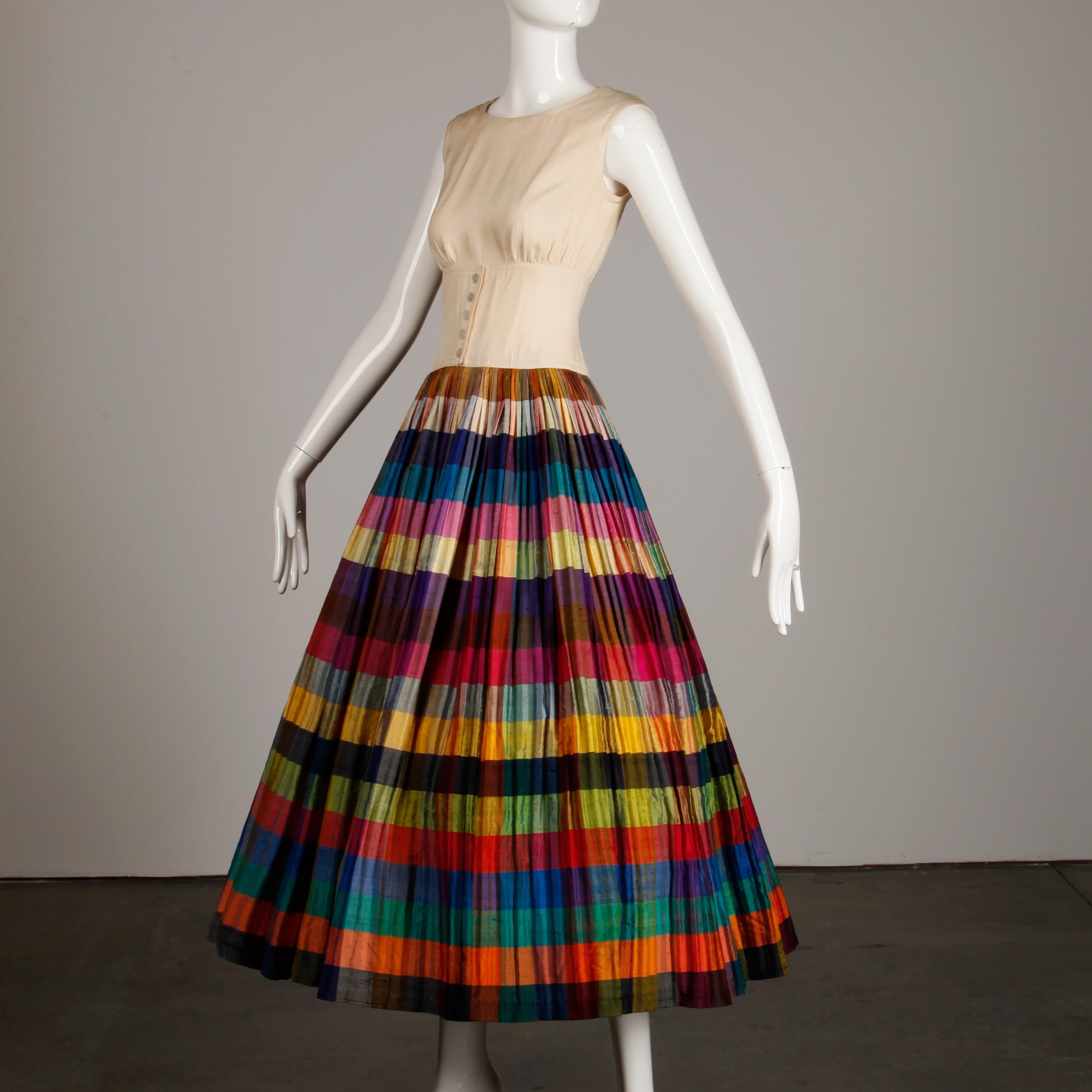 Nina Ricci Vintage Silk Pleated Striped Dress with a Full Sweep, 1950s  2