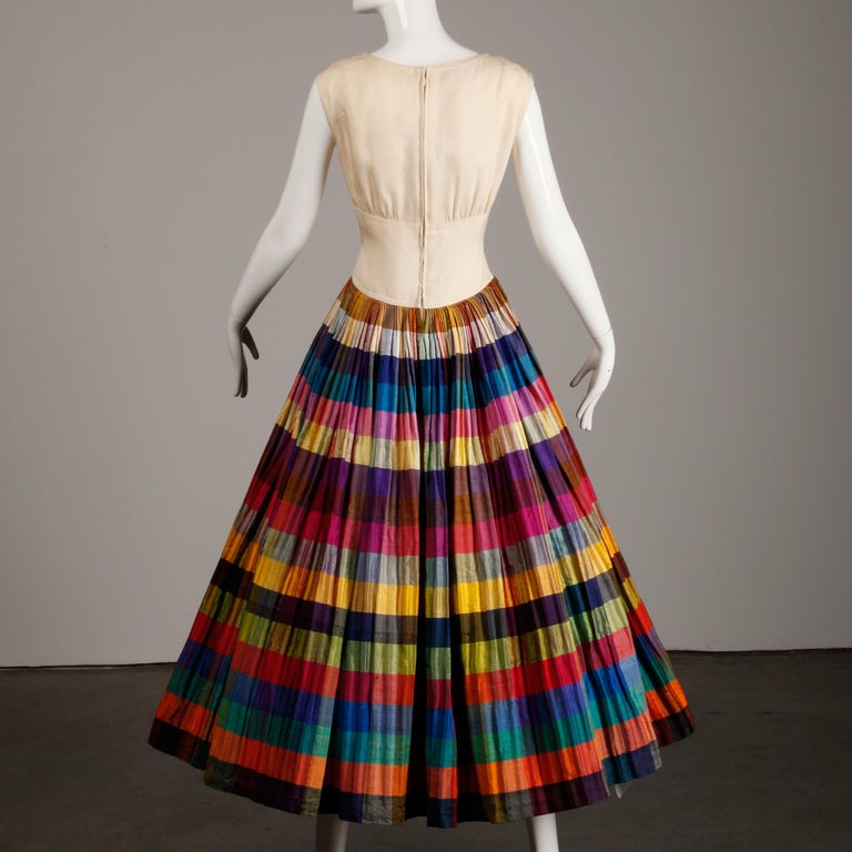 Nina Ricci Vintage Silk Pleated Striped Dress with a Full Sweep, 1950s ...