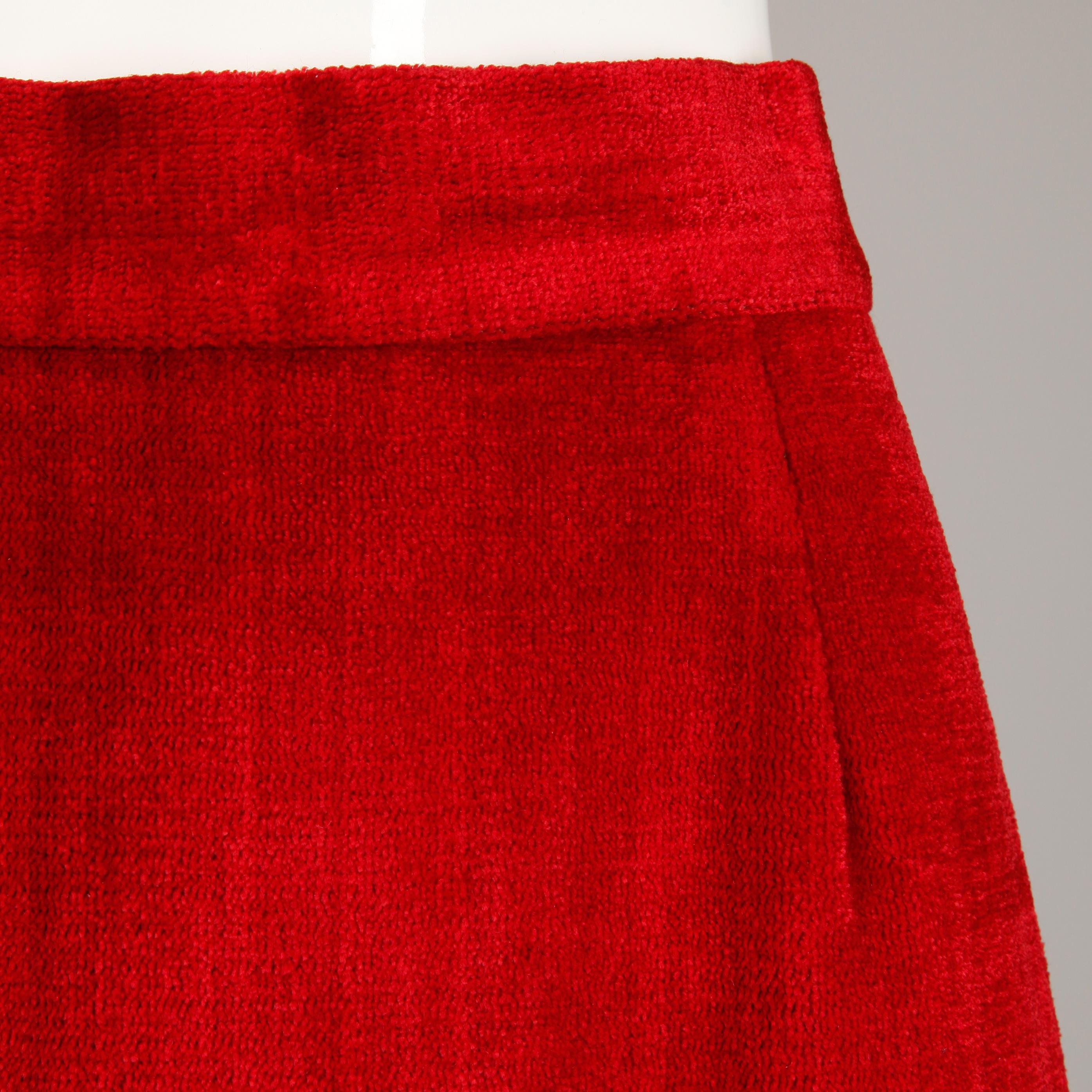 1970s Vintage Heavy Red Velour Maxi Skirt with Quilted Detail 2