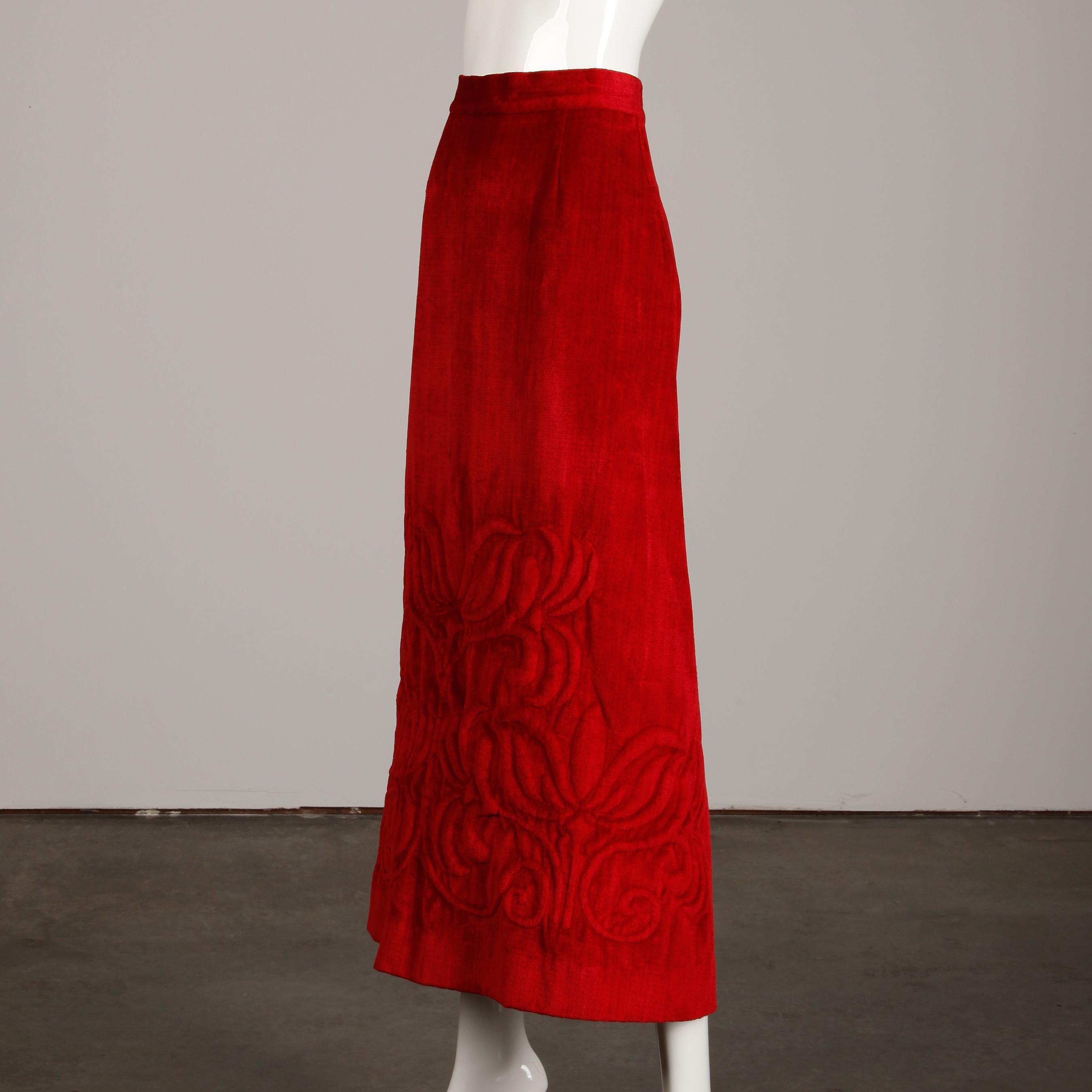 1970s Vintage Heavy Red Velour Maxi Skirt with Quilted Detail 1