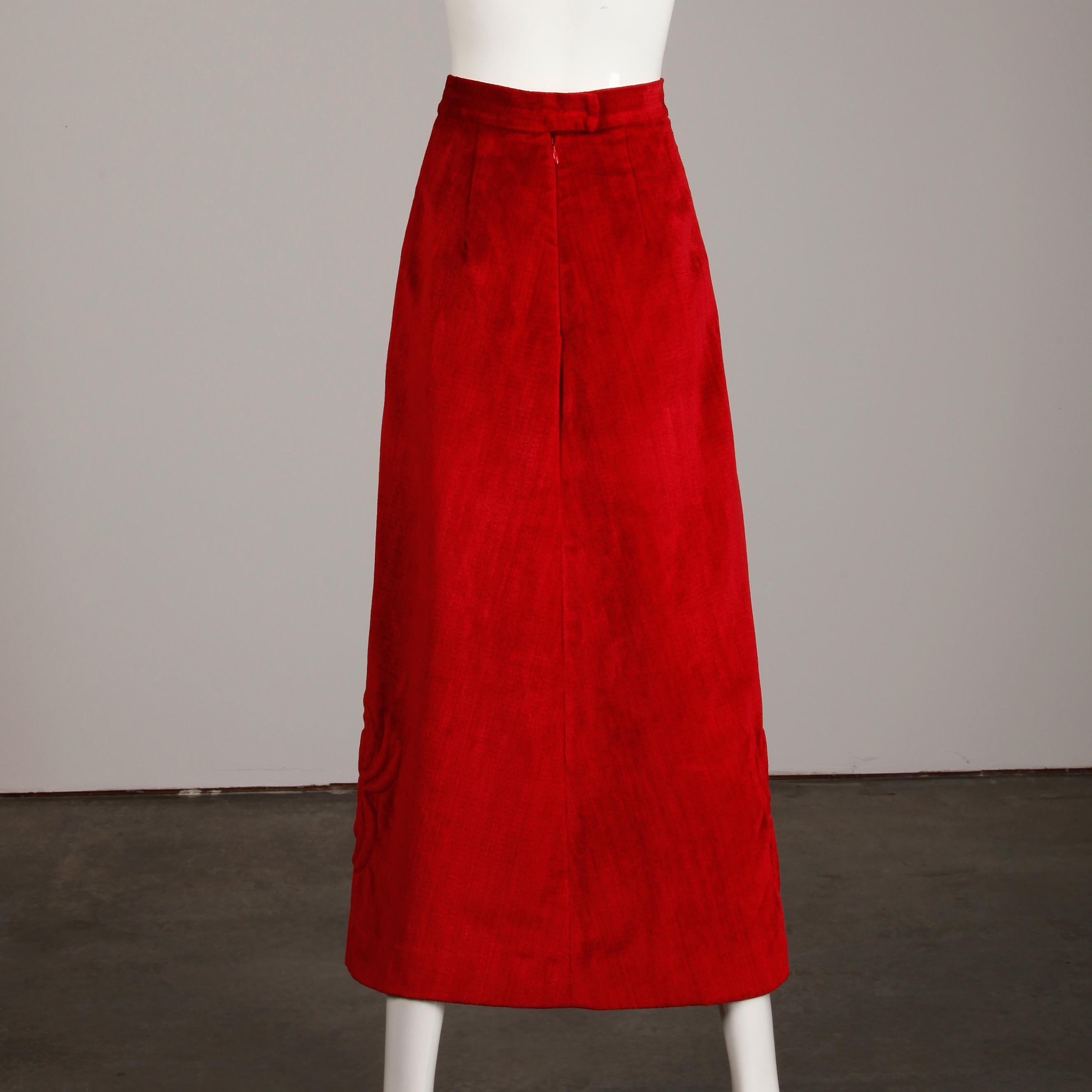 1970s Vintage Heavy Red Velour Maxi Skirt with Quilted Detail 3