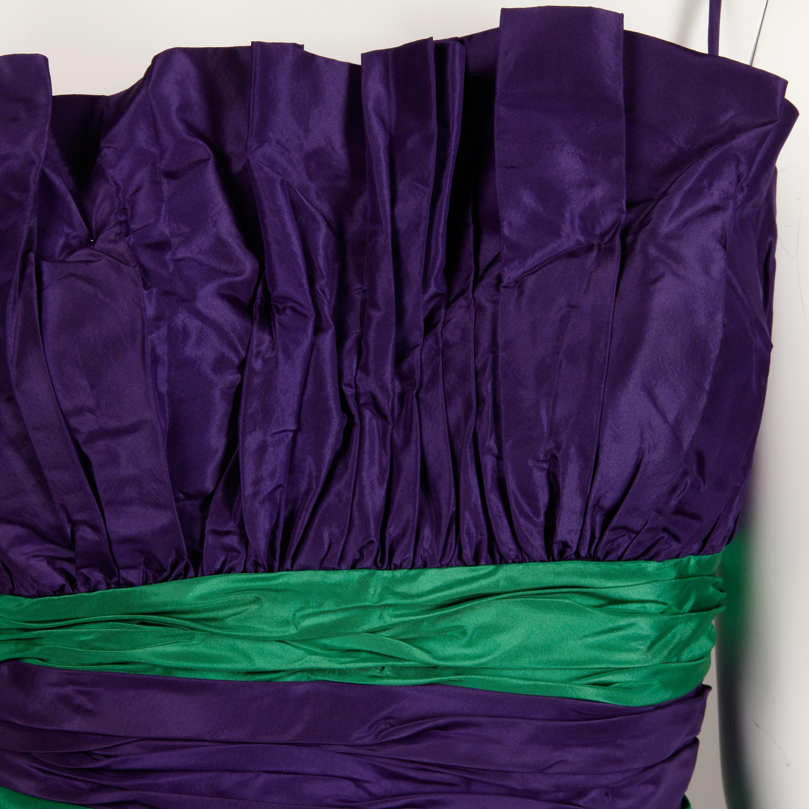 Loris Azzaro Vintage Purple + Green Silk Taffeta Evening Gown or Dress In Excellent Condition For Sale In Sparks, NV