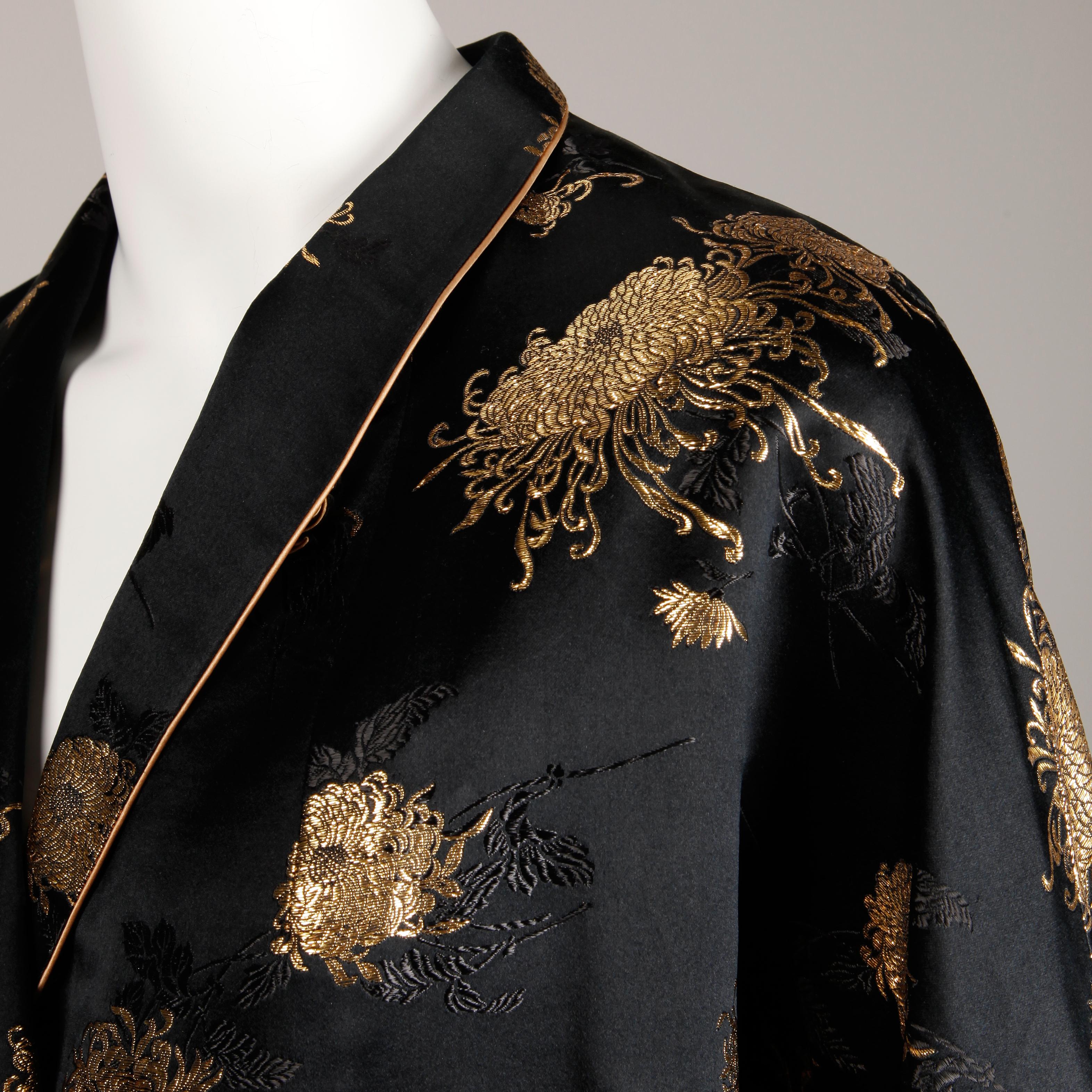 Stunning 1960s Vintage Black + Metallic Gold Silk Satin Evening or Opera Coat 1