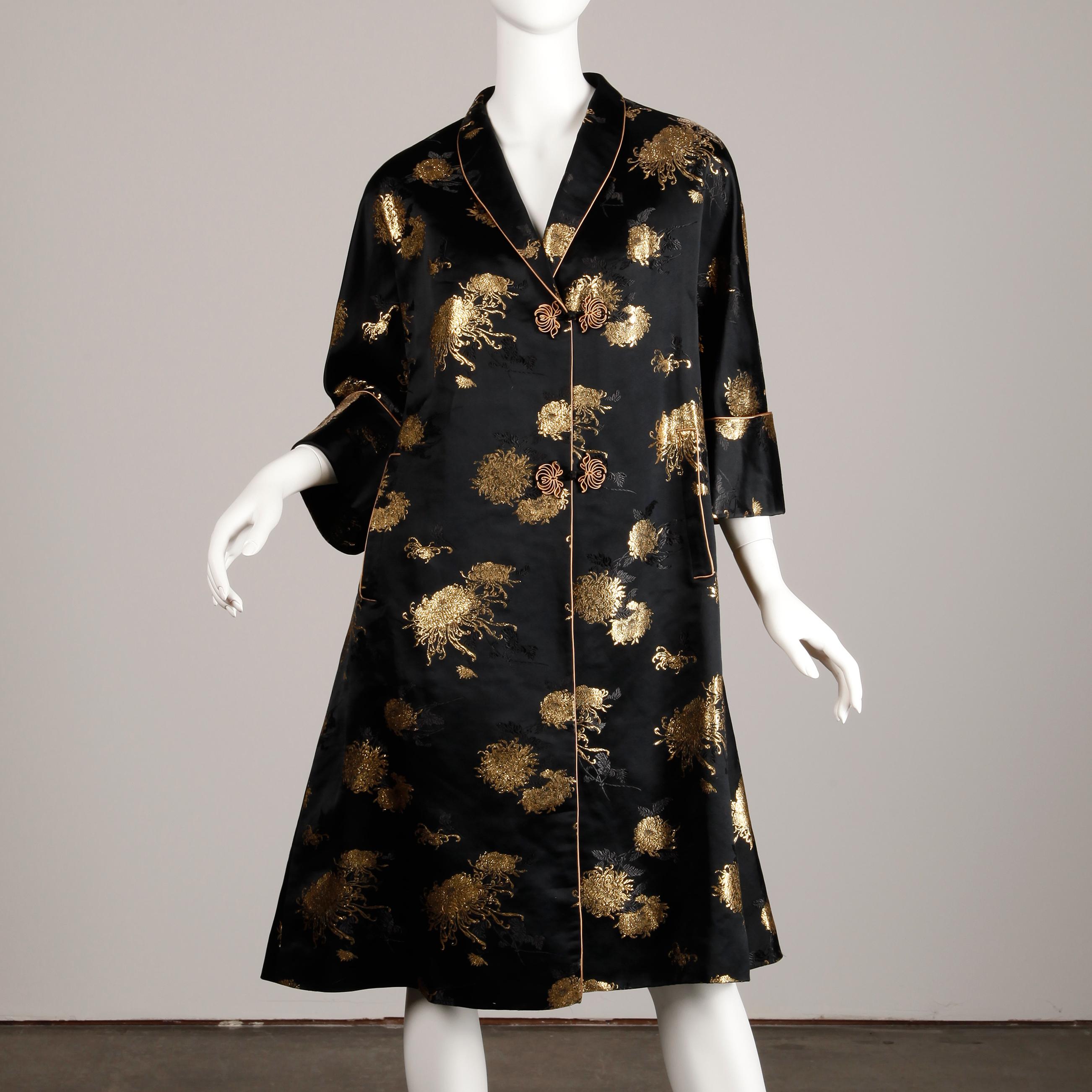 Women's Stunning 1960s Vintage Black + Metallic Gold Silk Satin Evening or Opera Coat
