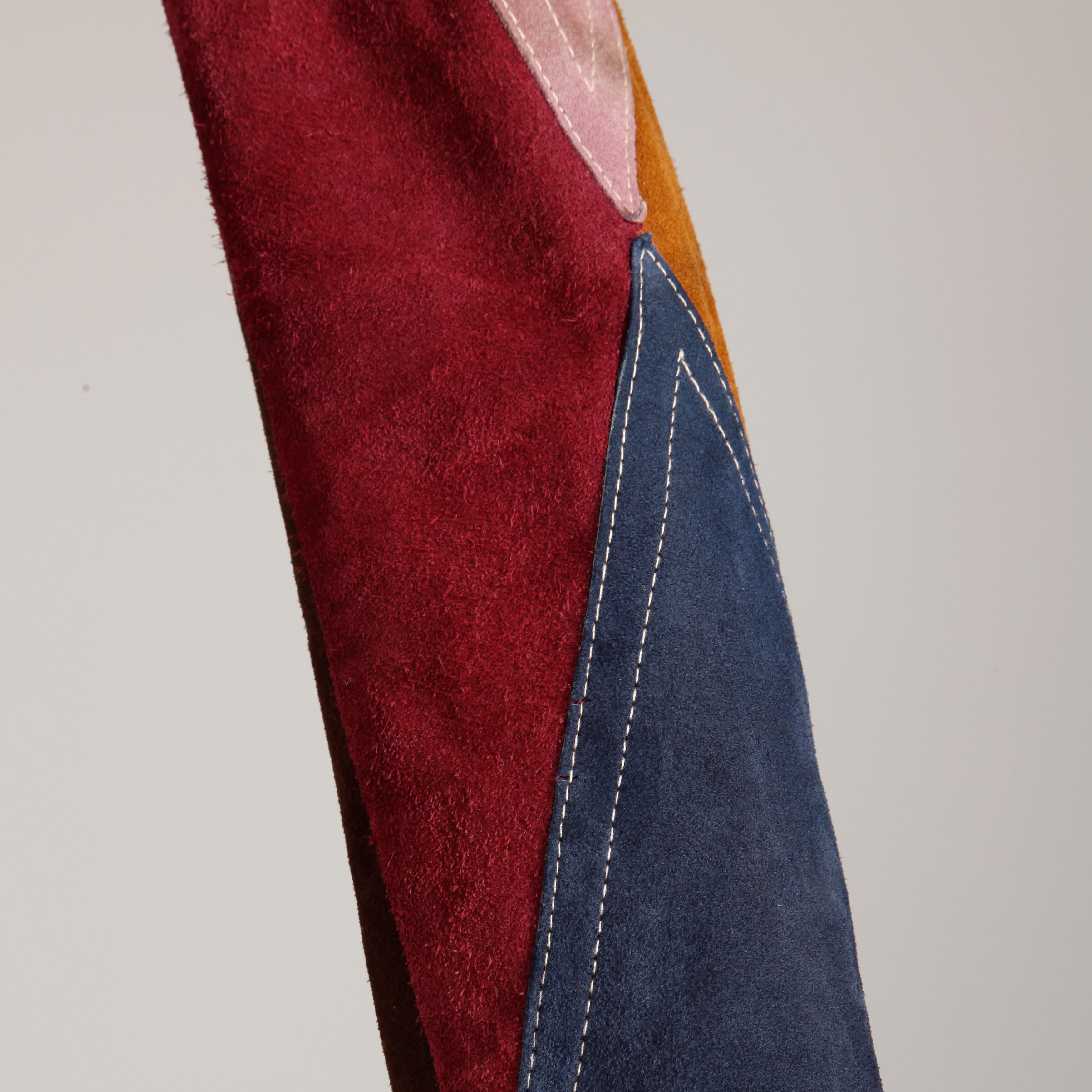 Women's 1970s Vintage Color Block Suede Leather Boho Coat with Snaps & Belt