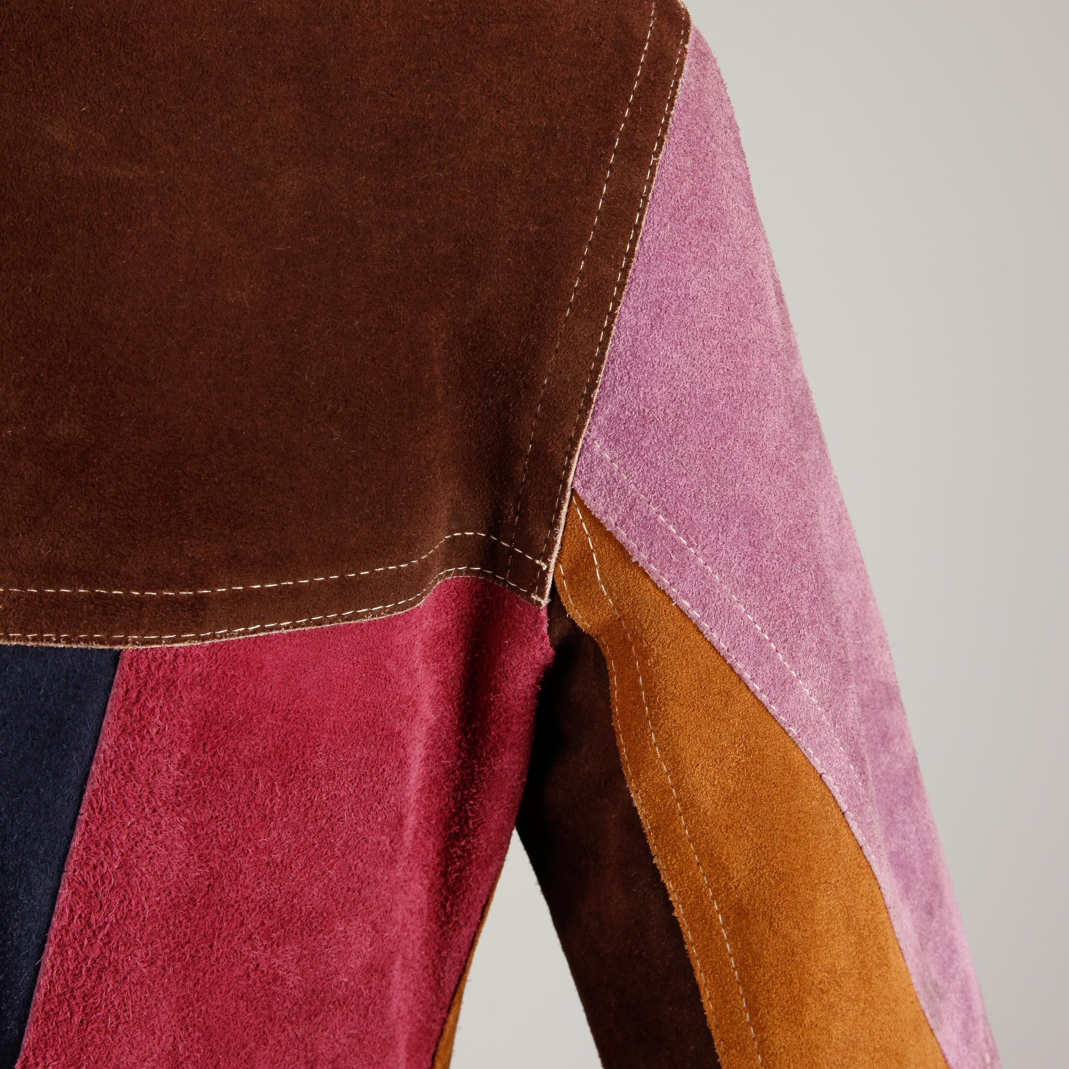 Brown 1970s Vintage Color Block Suede Leather Boho Coat with Snaps & Belt
