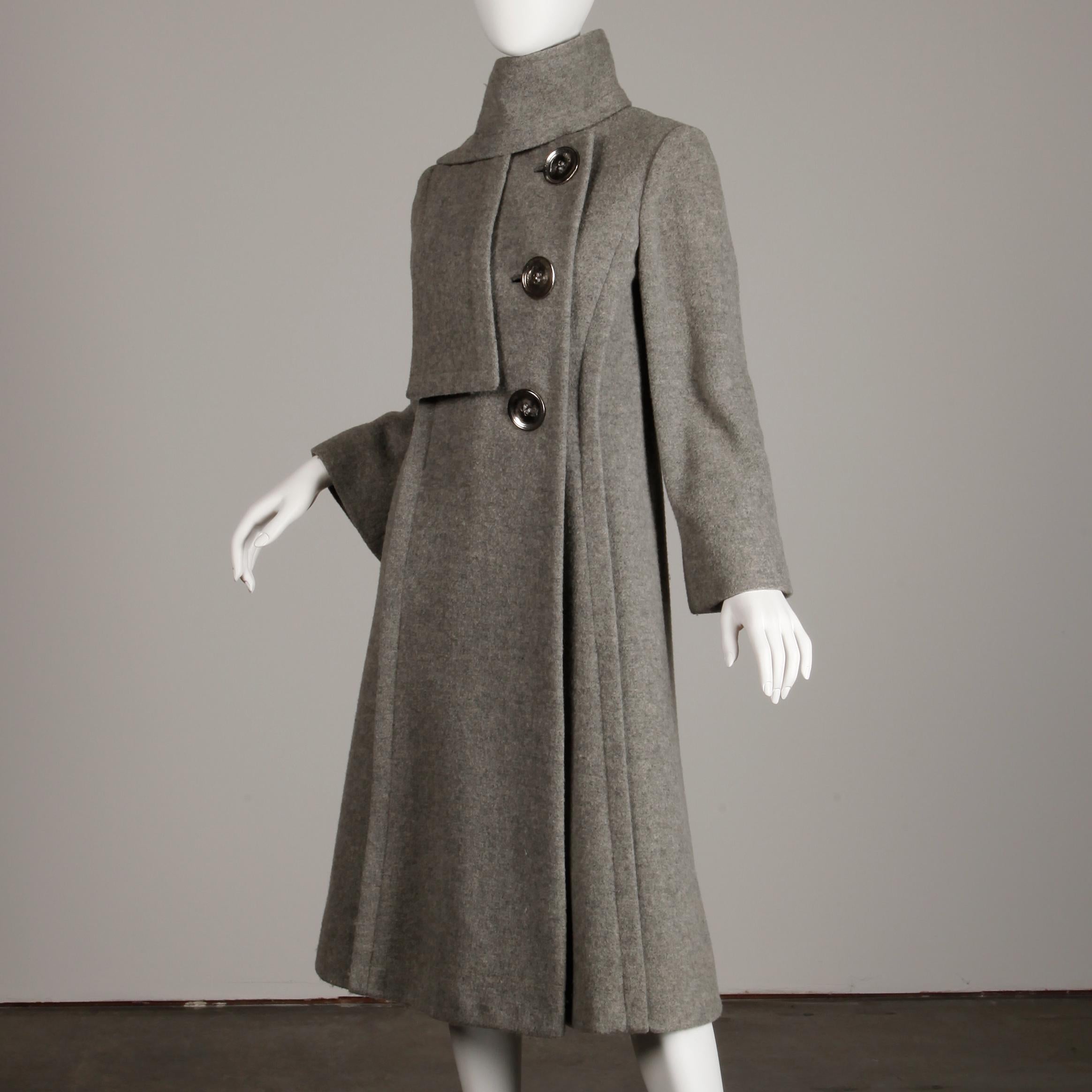 1970s Pauline Trigere Vintage Gray Wool Asymmetric Coat with Attached Scarf 1