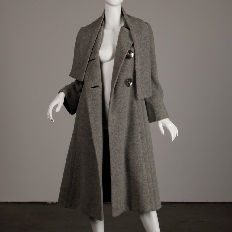 1970s Pauline Trigere Vintage Gray Wool Asymmetric Coat with Attached ...