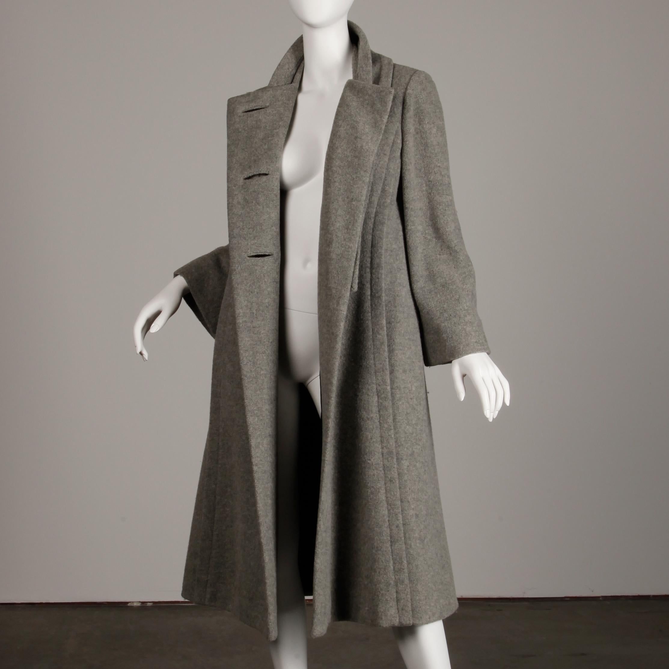 1970s Pauline Trigere Vintage Gray Wool Asymmetric Coat with Attached Scarf 2