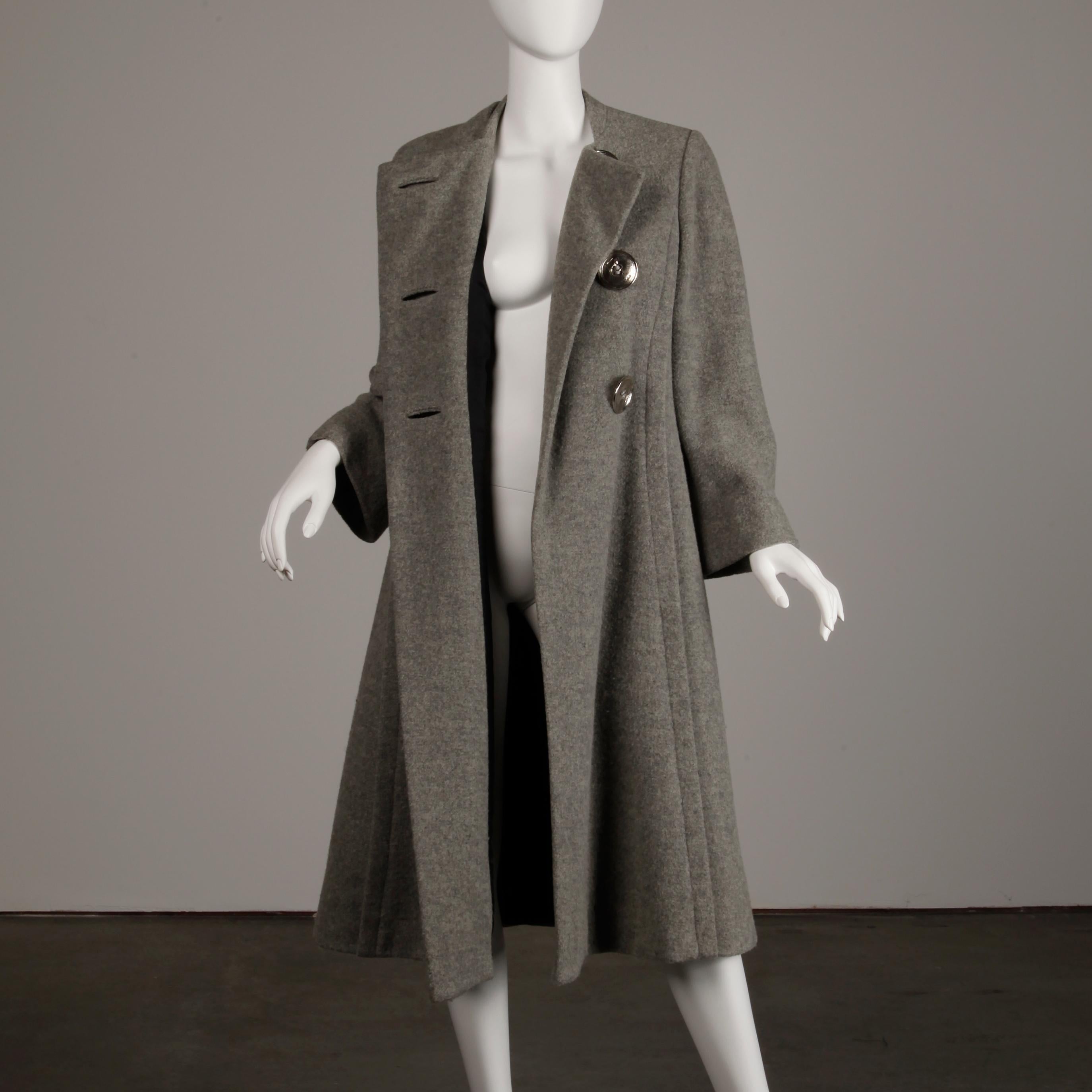 Women's 1970s Pauline Trigere Vintage Gray Wool Asymmetric Coat with Attached Scarf