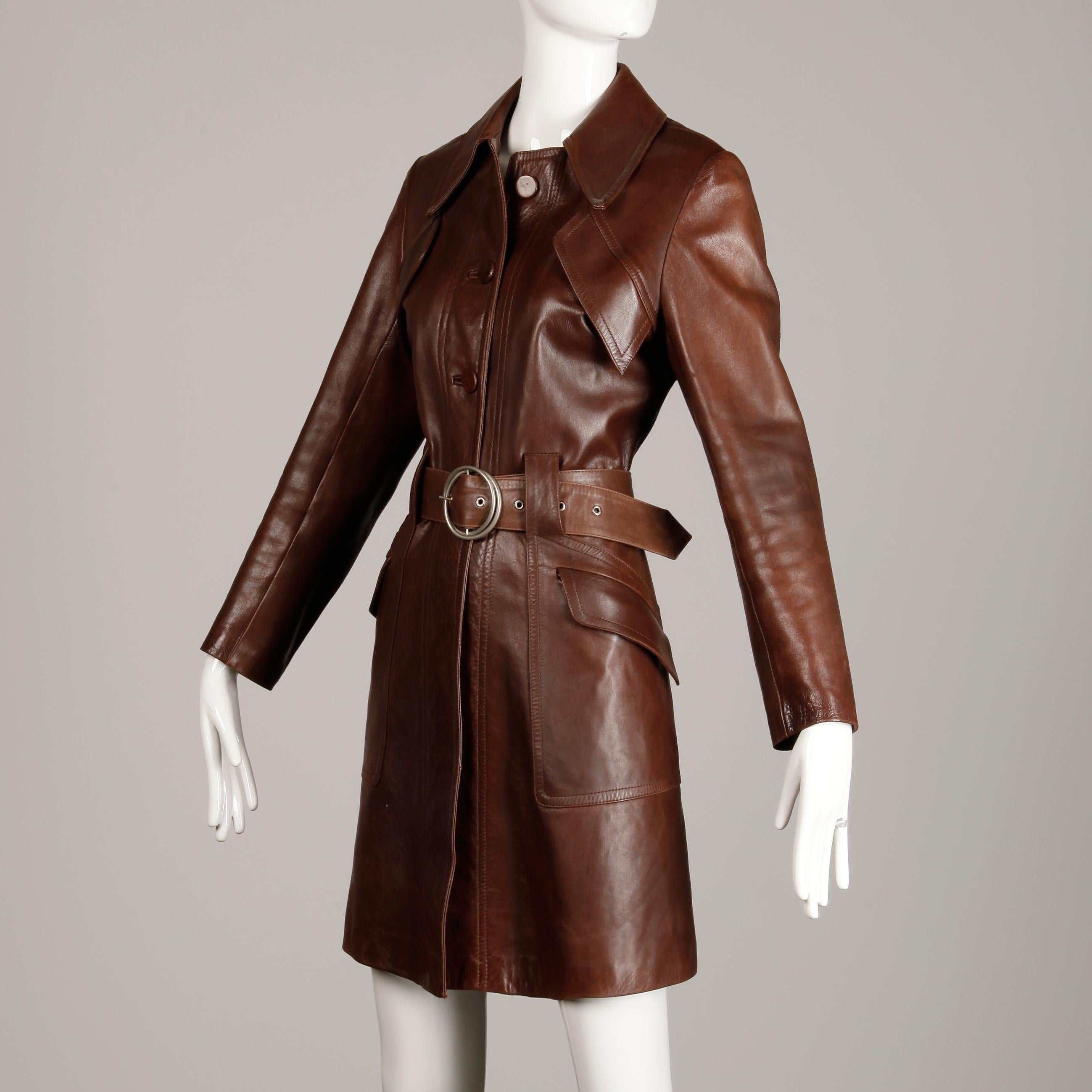 Women's 1970s Vintage Soft Buttery Brown Leather Trench Coat with Belt