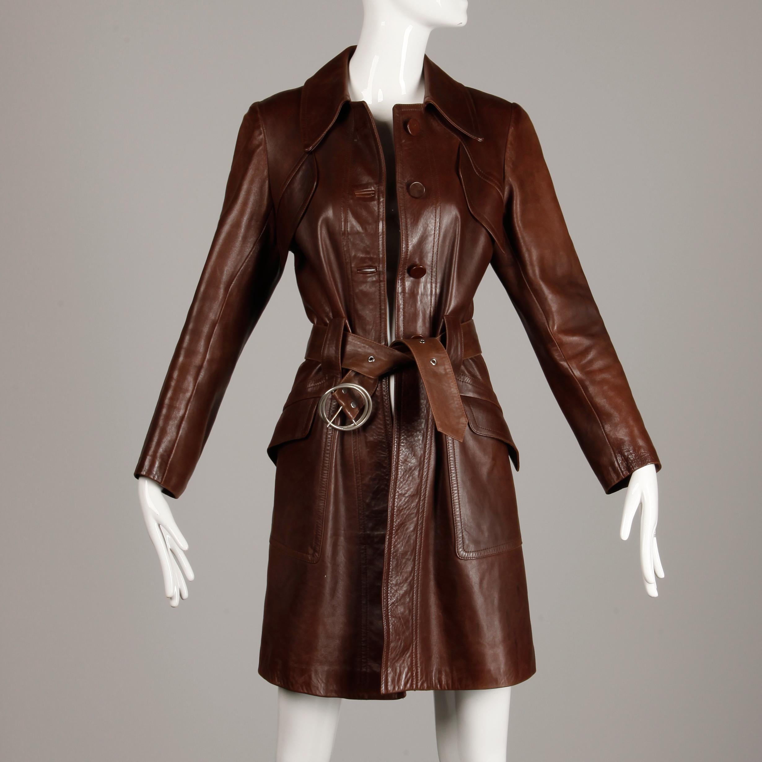 1970s Vintage Soft Buttery Brown Leather Trench Coat with Belt 1