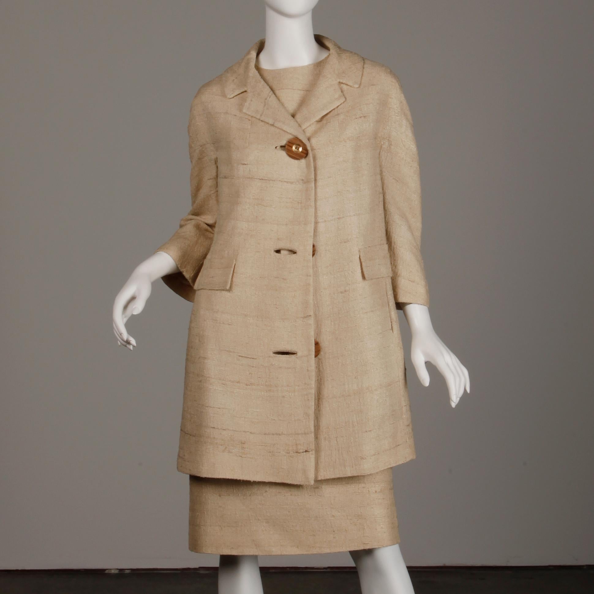 1960s Lilli Ann Vintage Neutral Raw Silk Coat + Dress 2-Piece Ensemble 1