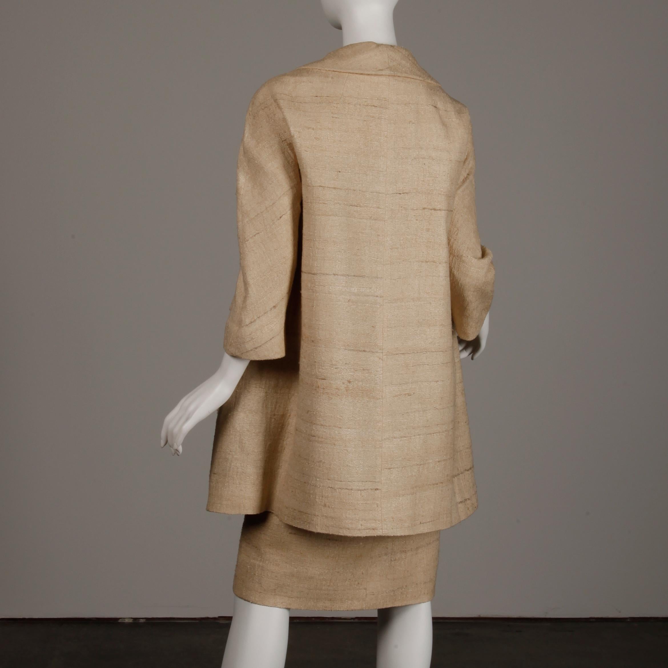 1960s Lilli Ann Vintage Neutral Raw Silk Coat + Dress 2-Piece Ensemble 3