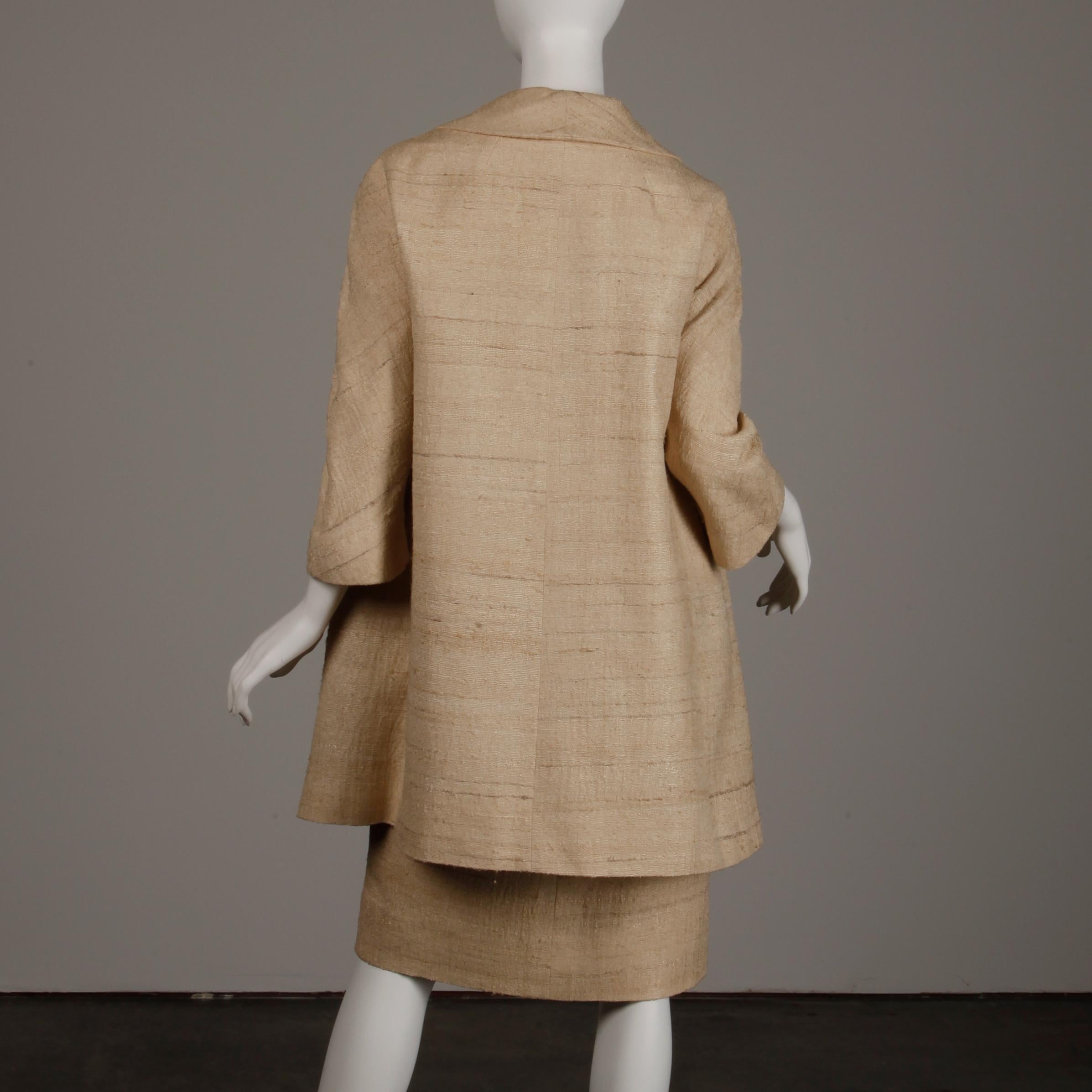 1960s Lilli Ann Vintage Neutral Raw Silk Coat + Dress 2-Piece Ensemble 4