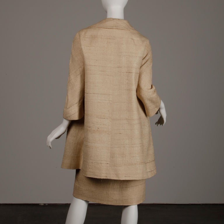 1960s Lilli Ann Vintage Neutral Raw Silk Coat + Dress 2-Piece Ensemble ...