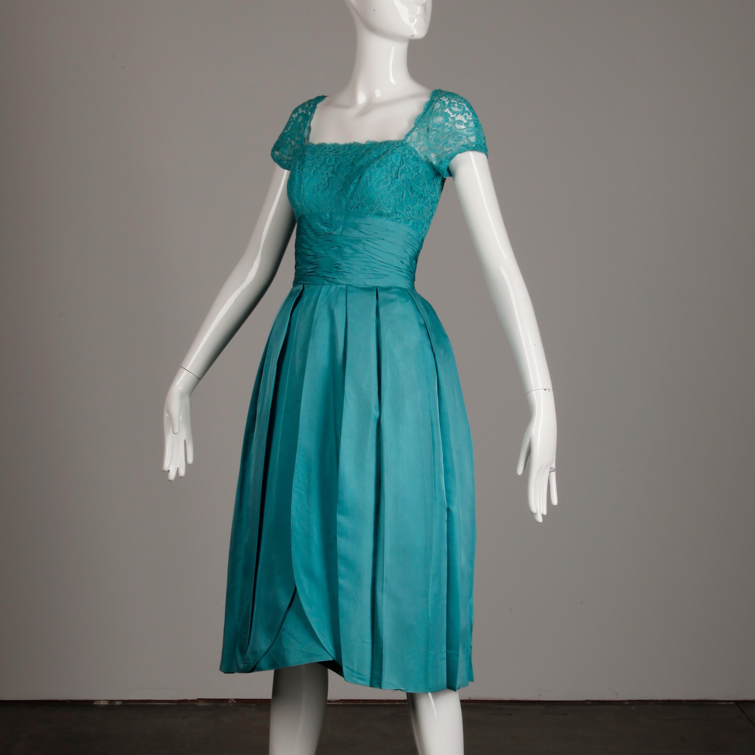 Women's 1950s- 1960s Dorothy Litzan for Roban Vintage Blue Silk + Lace Cocktail Dress For Sale