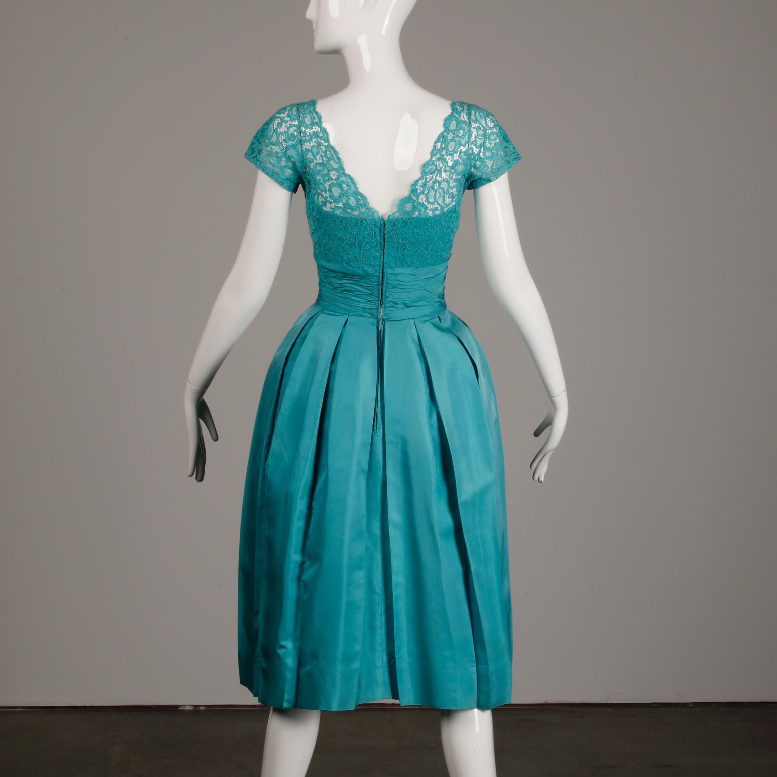 1950s- 1960s Dorothy Litzan for Roban Vintage Blue Silk + Lace Cocktail Dress For Sale 4